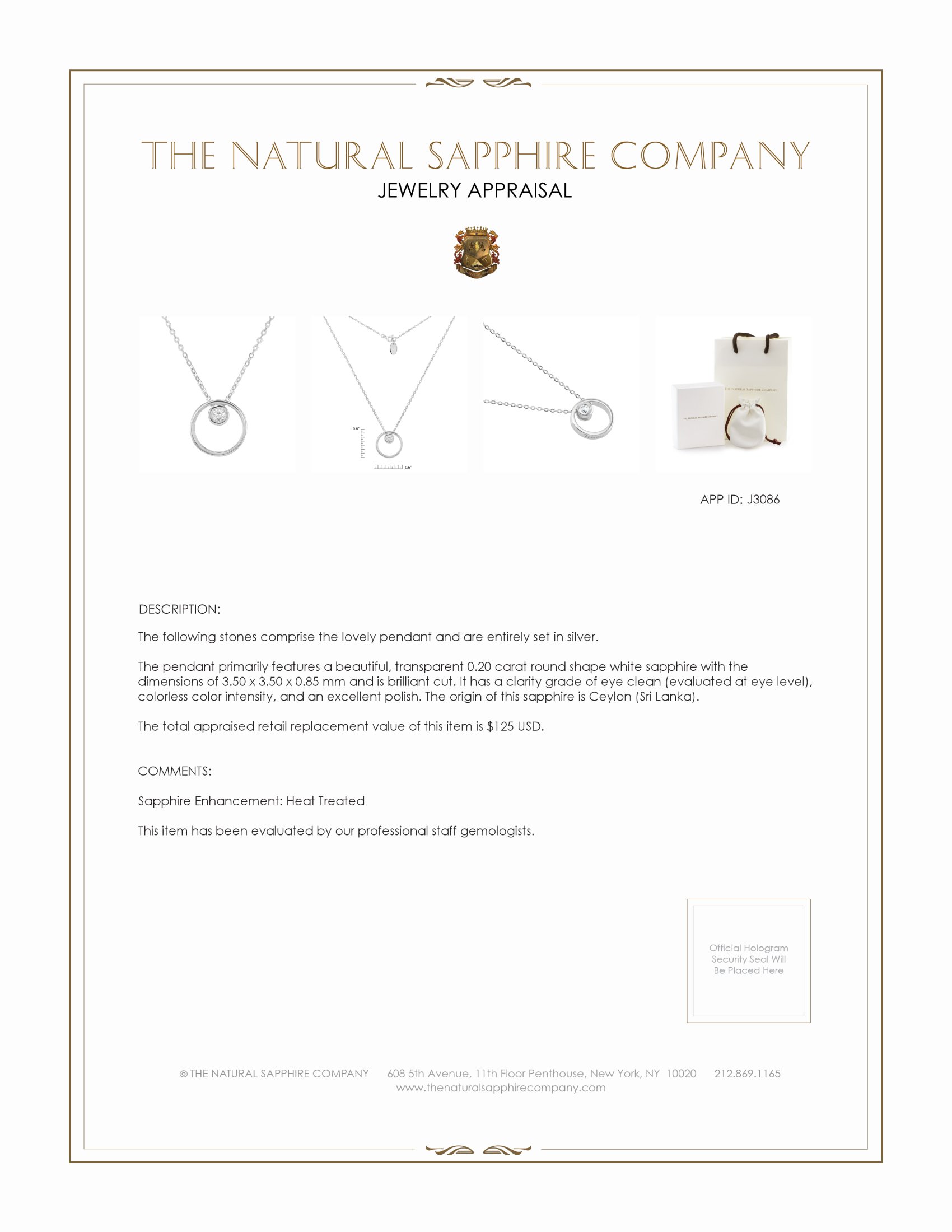 0.20 Ct. White Sapphire Solitaire Pendant, Silver