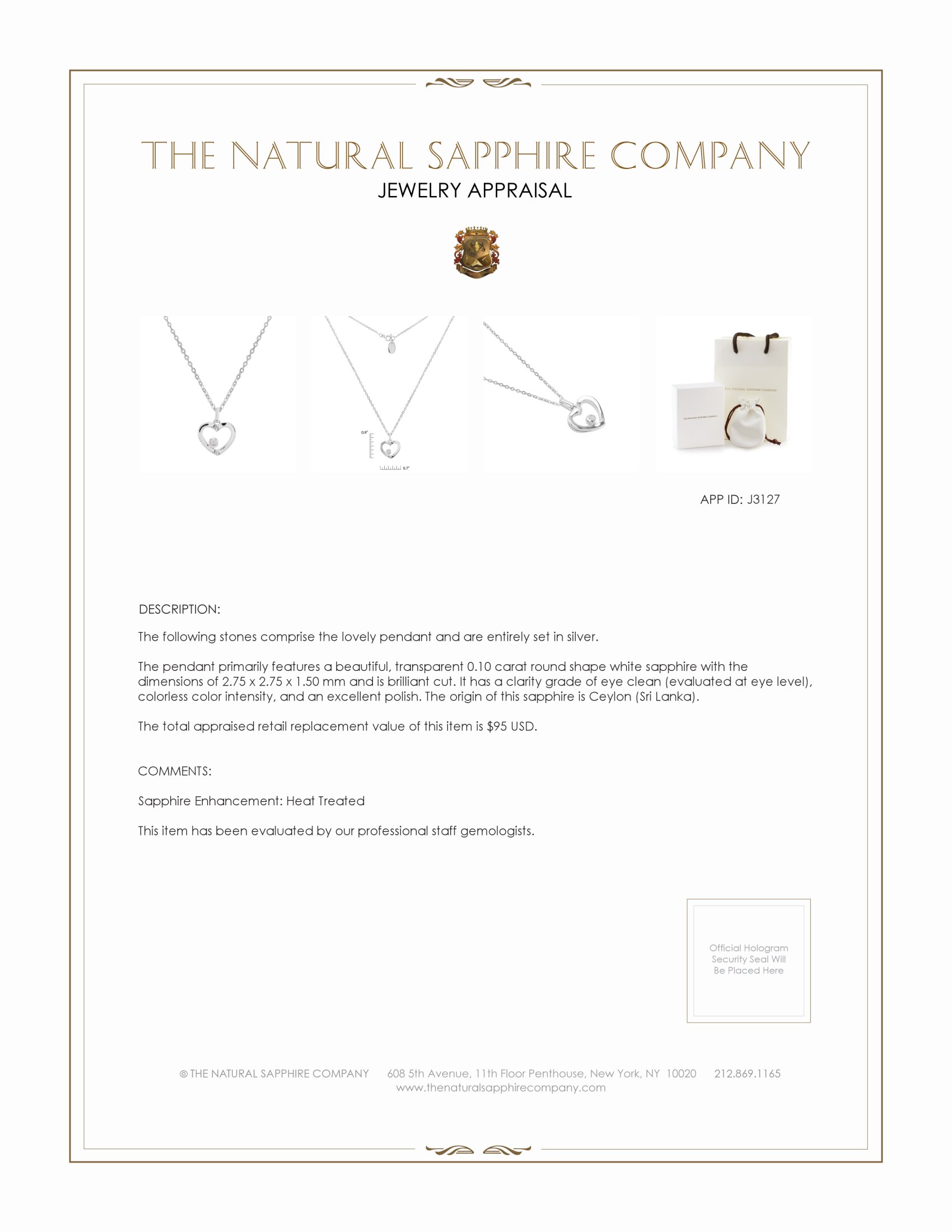 0.10 Ct. White Sapphire Solitaire Pendant, Silver