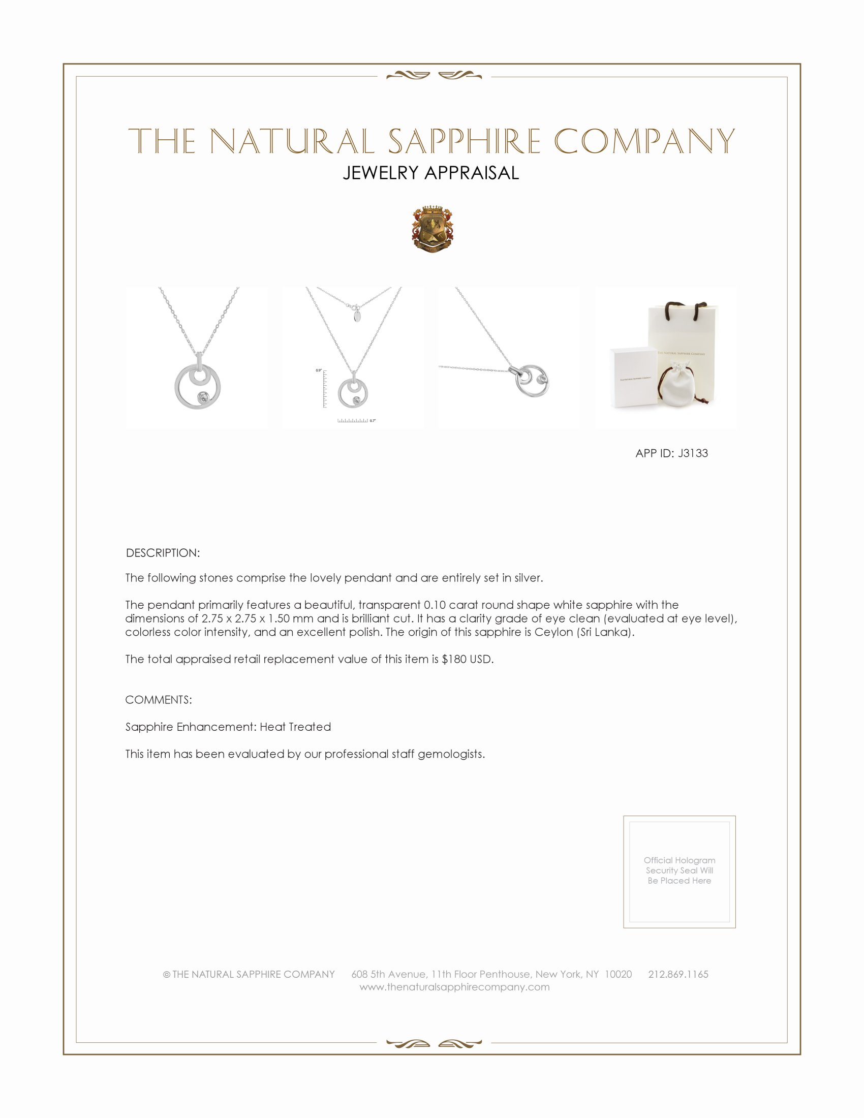 0.10 Ct. White Sapphire Solitaire Pendant, Silver