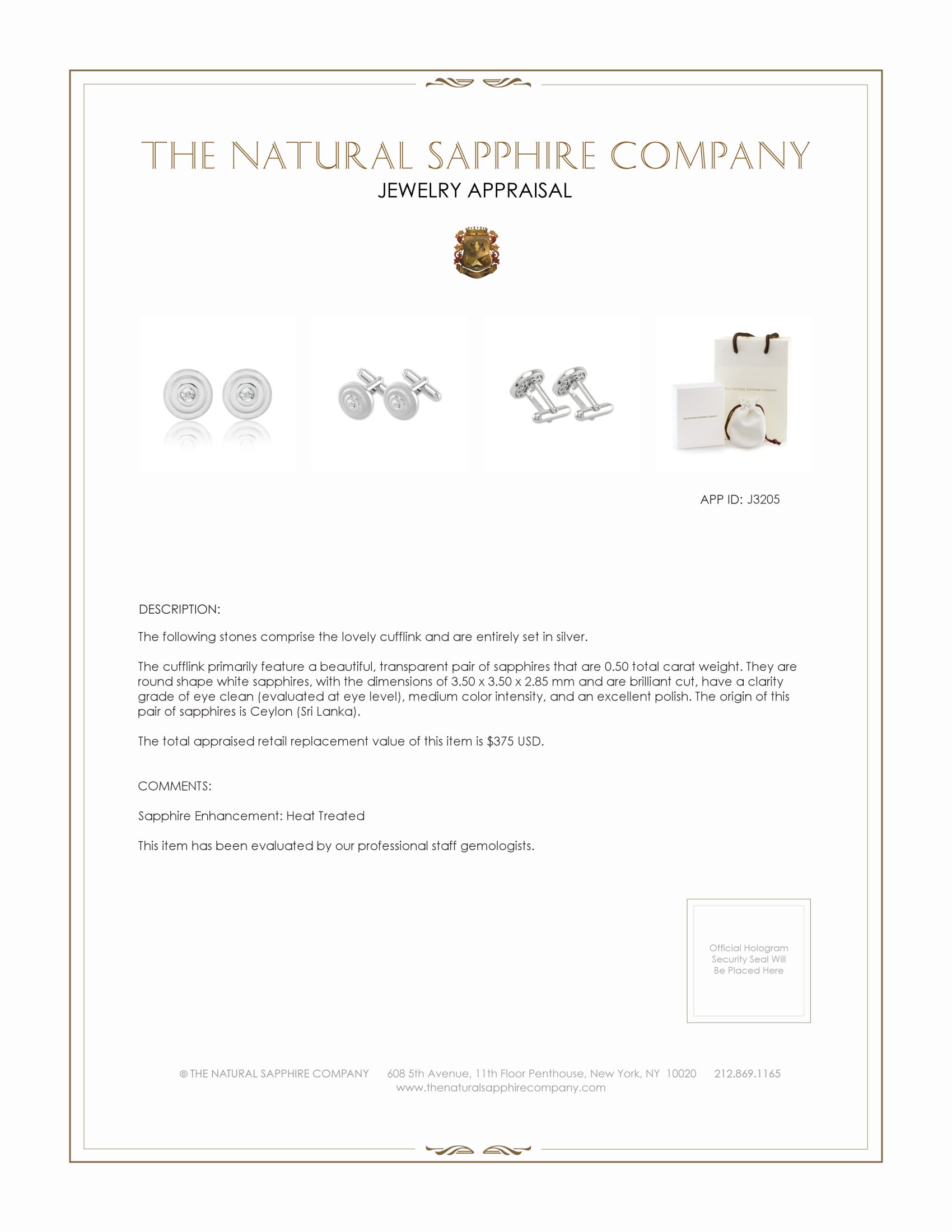 0.50 Ct. White Sapphire Solitaire Cufflink, Silver