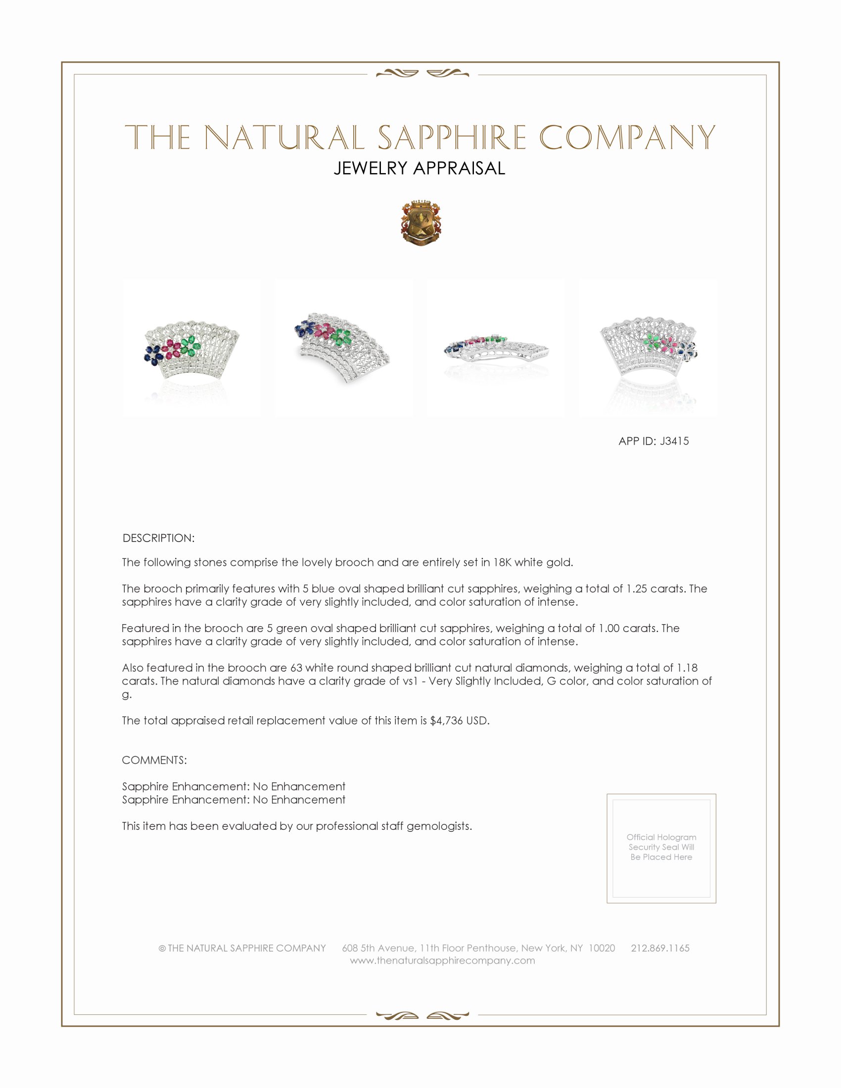 1.25 Ct. Sapphire Natural Diamond Accent Stones Brooch, 18K White Gold