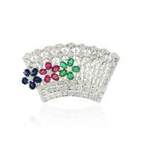 1.25 Ct. Sapphire Natural Diamond Accent Stones Brooch, 18K White Gold Video
