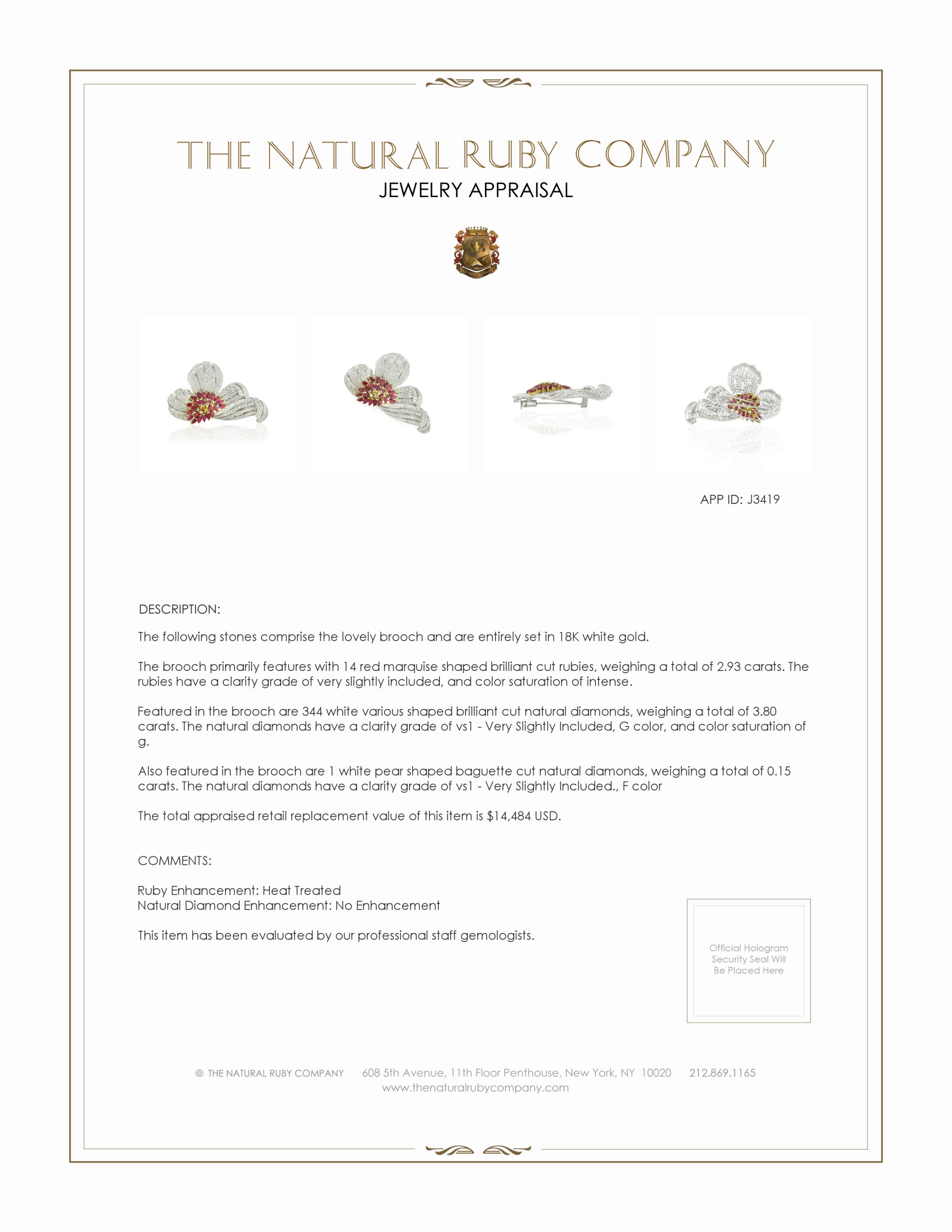 2.93 Ct. Ruby and Natural Diamond Accent Stones Brooch, 18K White Gold