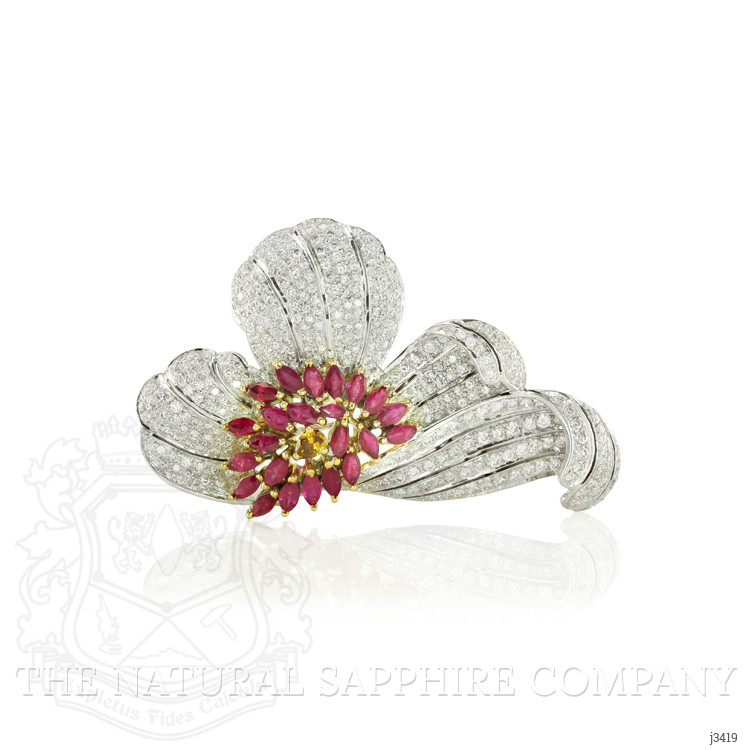 2.93 Ct. Ruby Natural Diamond Accent Stones Brooch, 18K White Gold