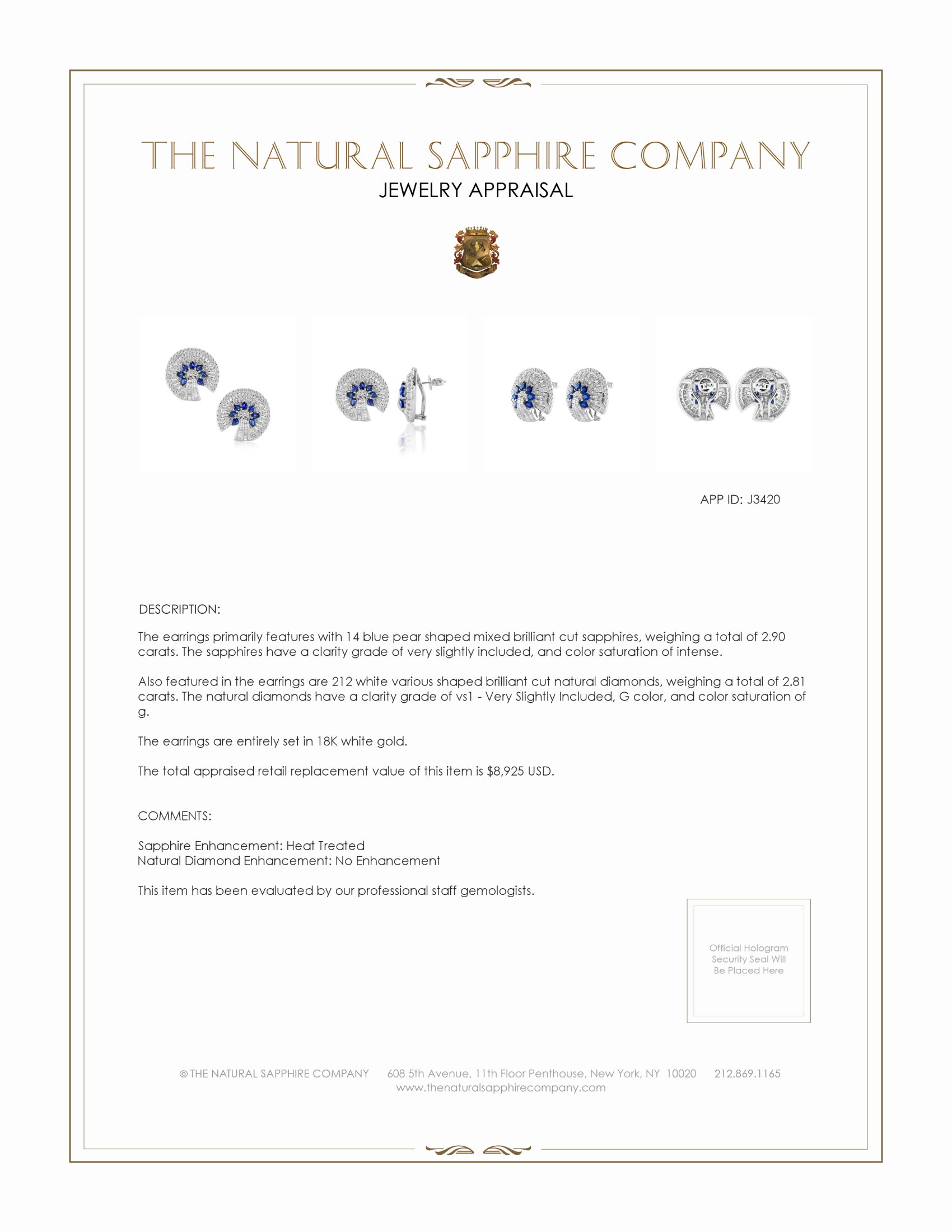 2.90 Ct.Tw. Blue Sapphire and Natural Diamond Accent Stones Earrings, 18K White Gold