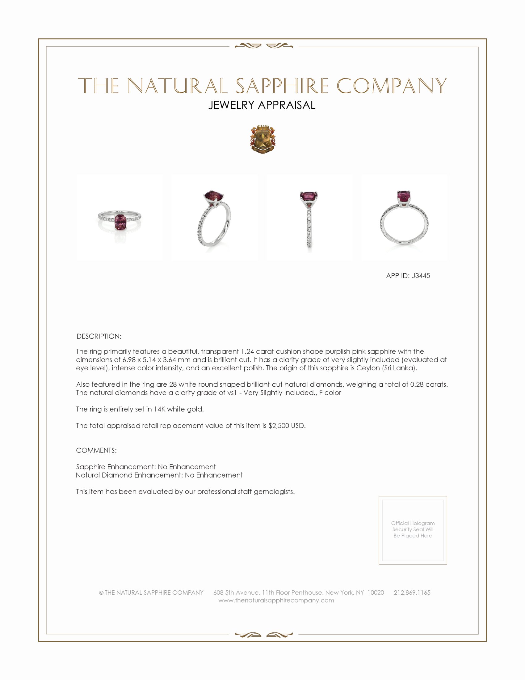 1.24 Ct. Purplish Pink Sapphire and Natural Diamond Pave Ring, 14K White Gold