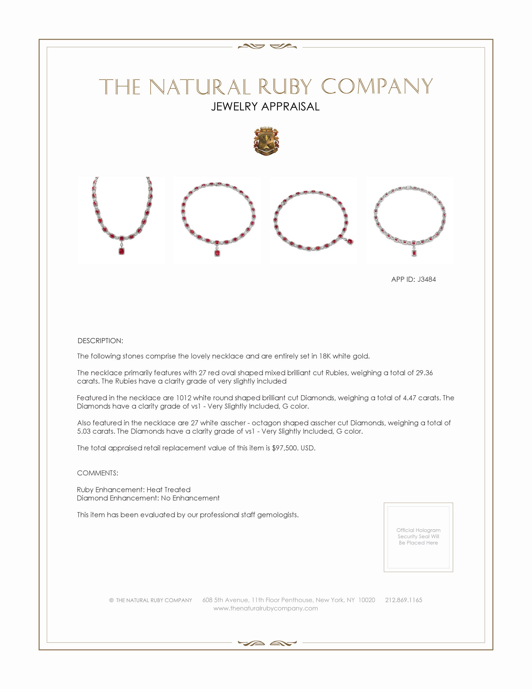 29.36 Ct. Ruby Natural Diamond Antique Style Necklace, 18K White Gold