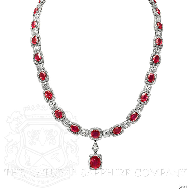 29.36 Ct. Ruby Natural Diamond Antique Style Necklace, 18K White Gold