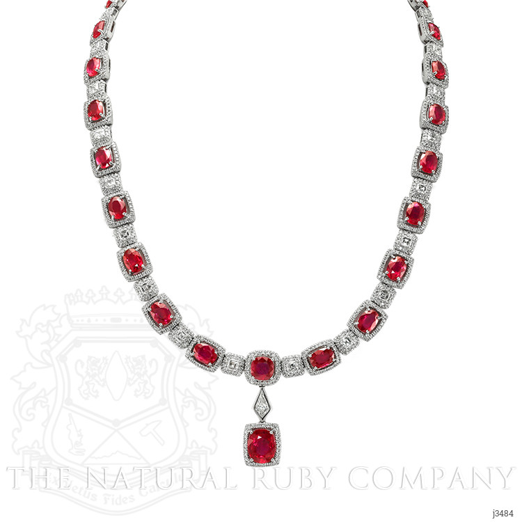 29.36 Ct. Ruby Natural Diamond Antique Style Necklace, 18K White Gold