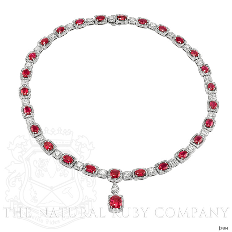 29.36 Ct. Ruby Natural Diamond Antique Style Necklace, 18K White Gold