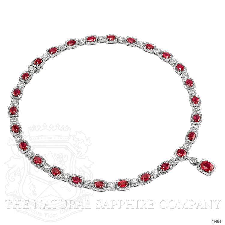 29.36 Ct. Ruby Natural Diamond Antique Style Necklace, 18K White Gold