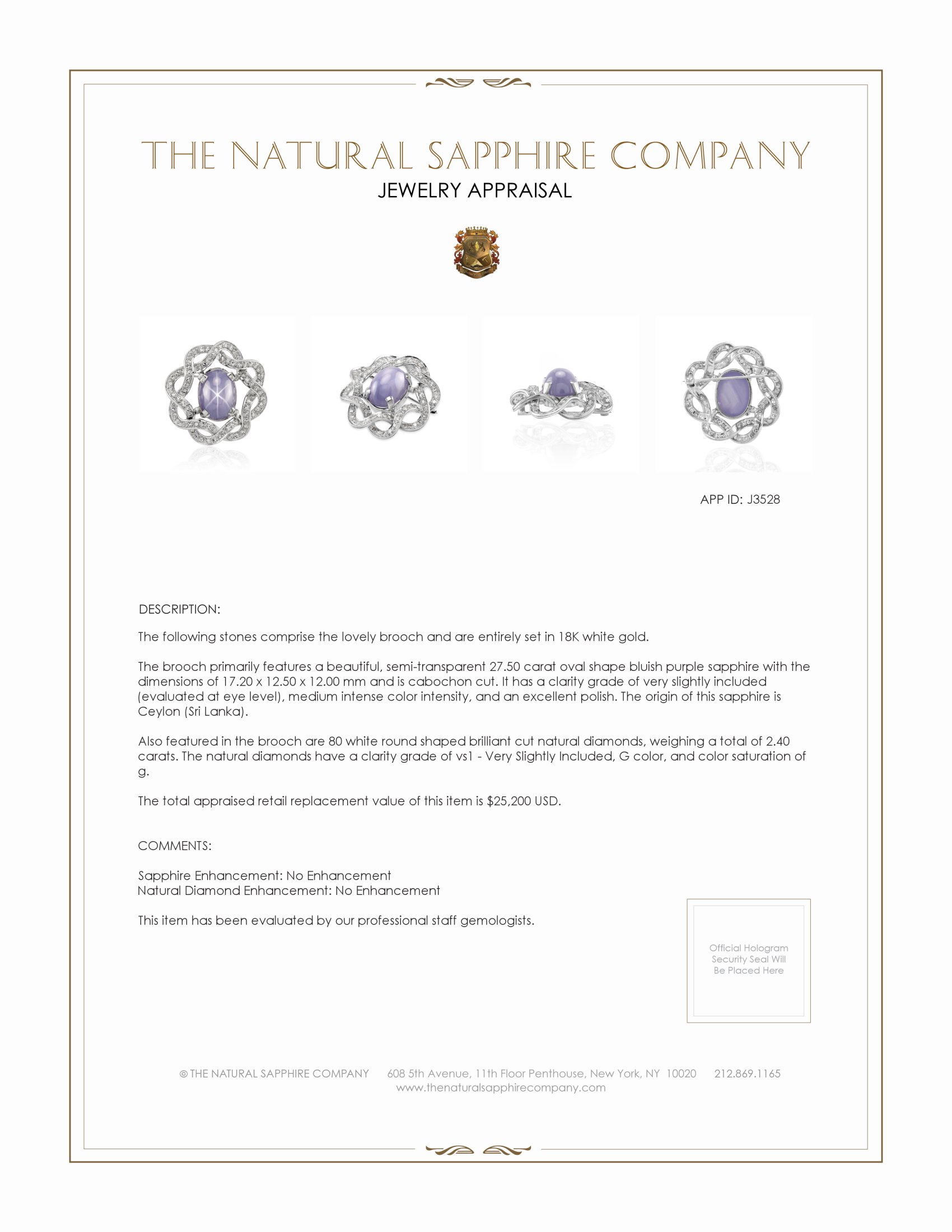 27.50 Ct. Bluish Purple Sapphire and Natural Diamond Accent Stones Brooch, 18K White Gold