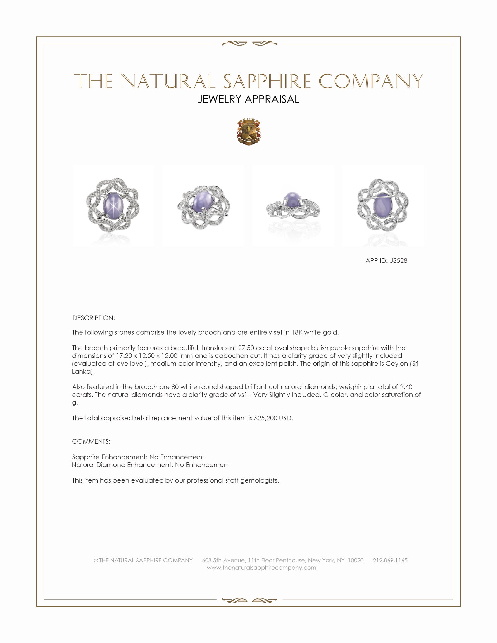 27.50 Ct. Bluish Purple Sapphire and Natural Diamond Accent Stones Brooch, 18K White Gold