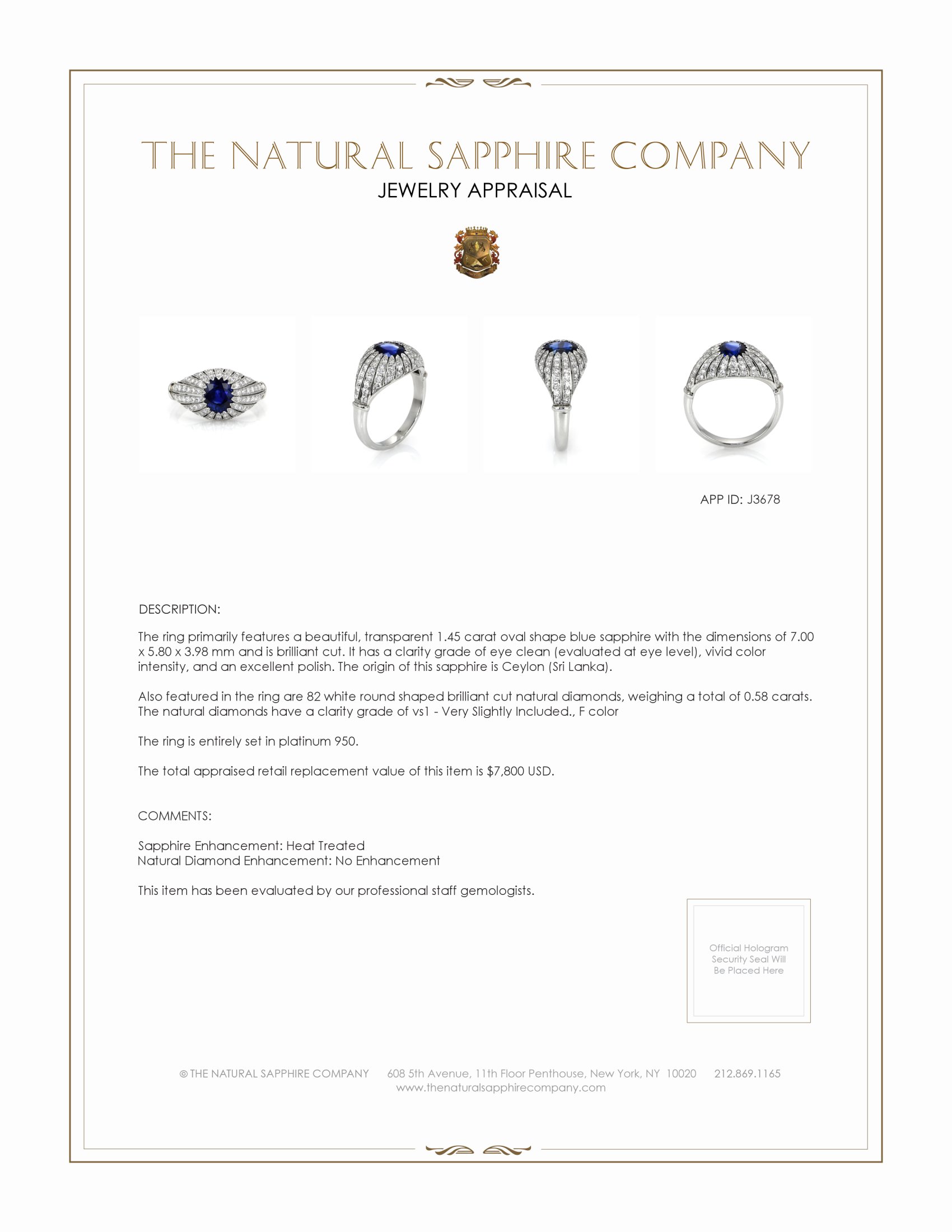 1.45 Ct. Blue Sapphire and Natural Diamond Antique Style Ring, Platinum 950