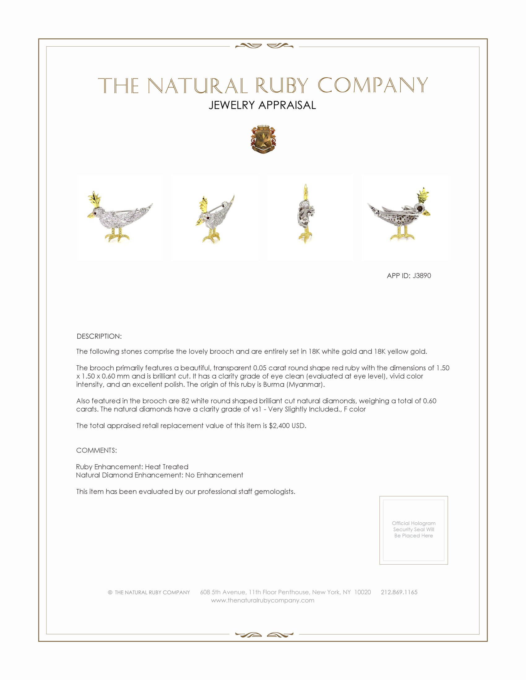 0.05 Ct. Ruby Natural Diamond Accent Stones Brooch, 18K White & Yellow