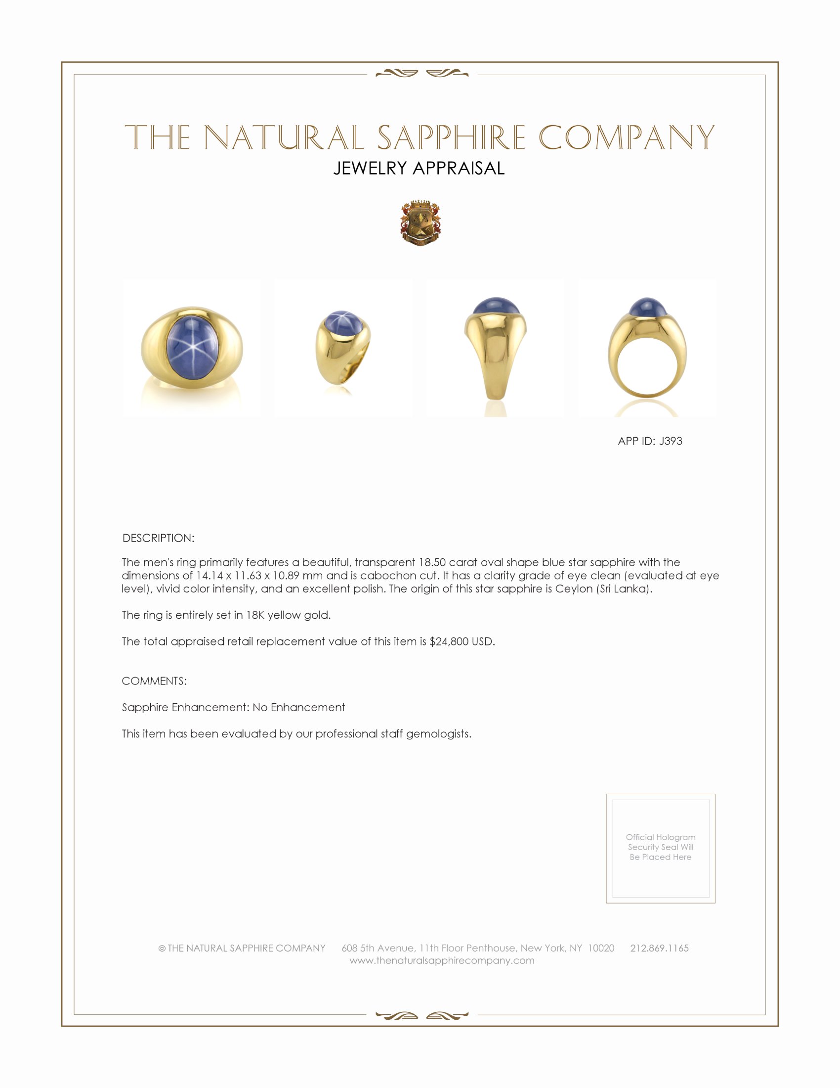 18.50 Ct. Blue Sapphire Men's Ring, 18K Yellow Gold