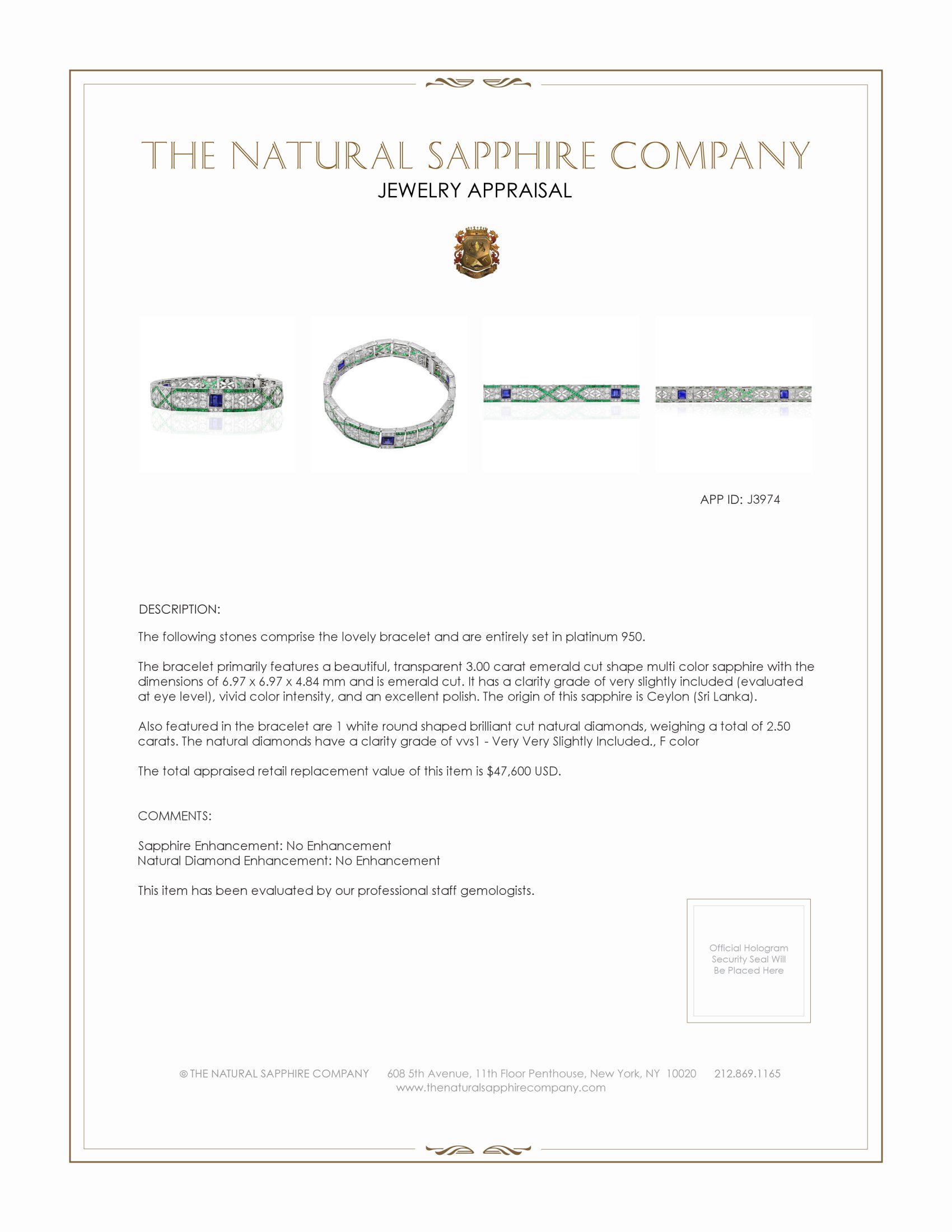 3.00 Ct.Tw. Multi Color Sapphire and Natural Diamond Antique Style Bracelet, Platinum 950