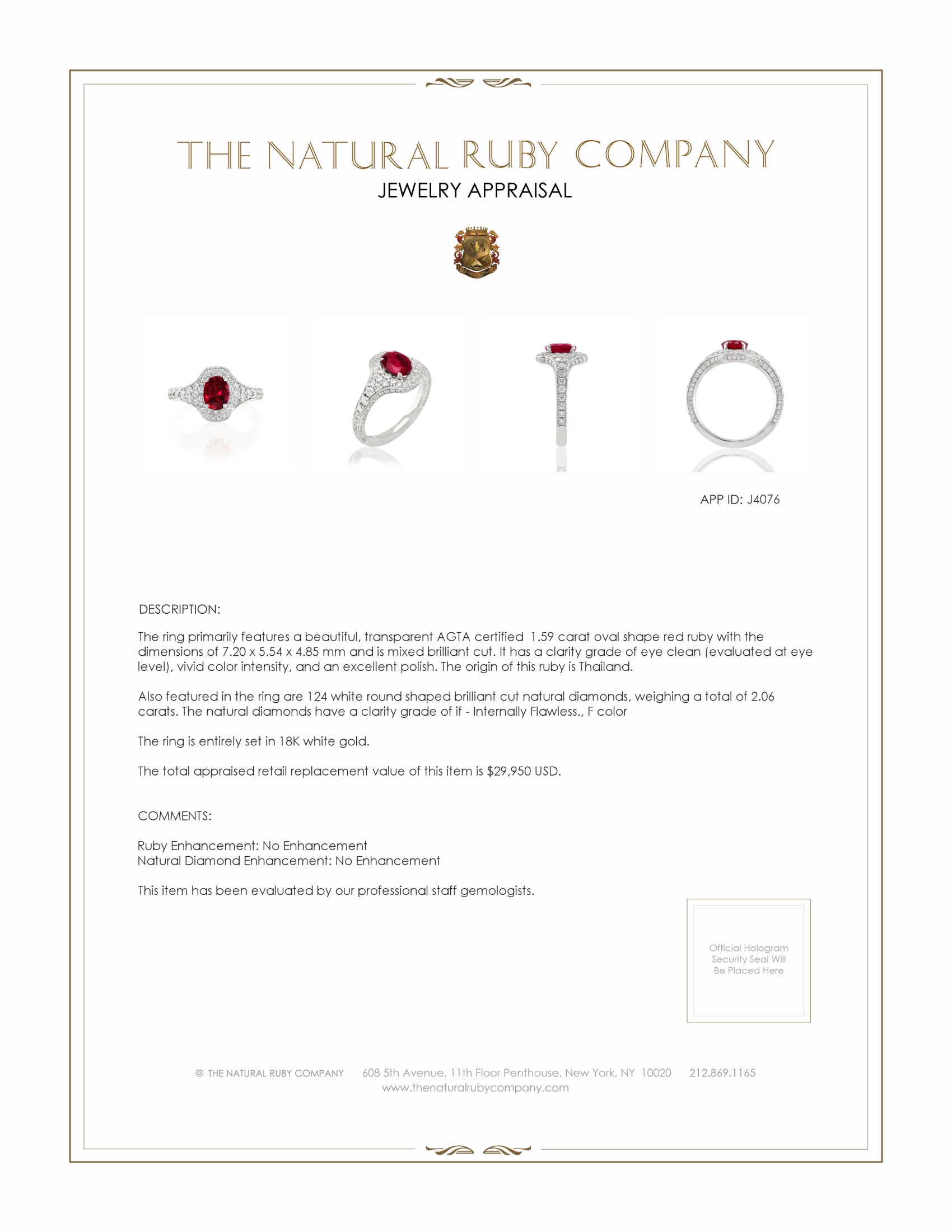 1.59 Ct. Ruby and Natural Diamond Pave Ring, 18K White Gold