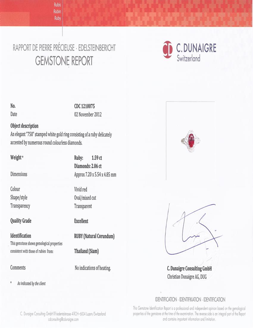 1.59 Ct. Ruby and Natural Diamond Pave Ring, 18K White Gold