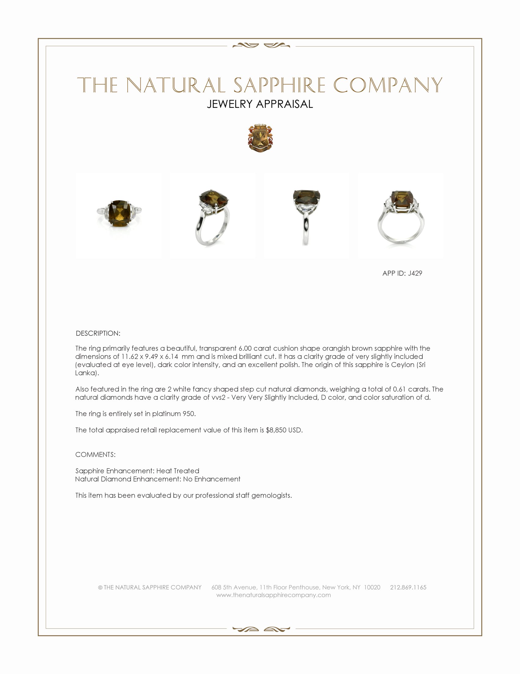 6.00 Ct. Orangish Brown Sapphire and Natural Diamond Three Stone Ring, Platinum 950