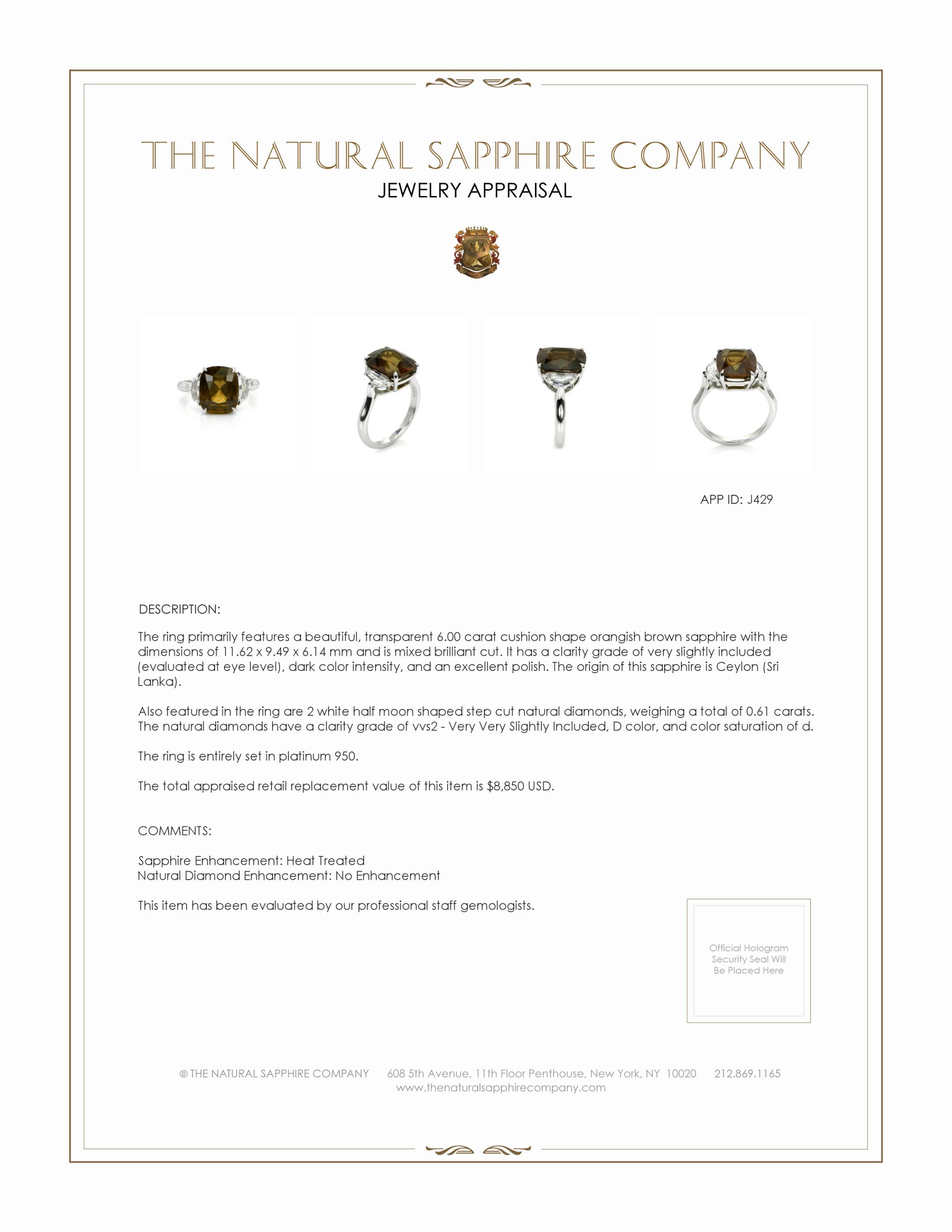 6.00 Ct. Orangish Brown Sapphire and Natural Diamond Three Stone Ring, Platinum 950