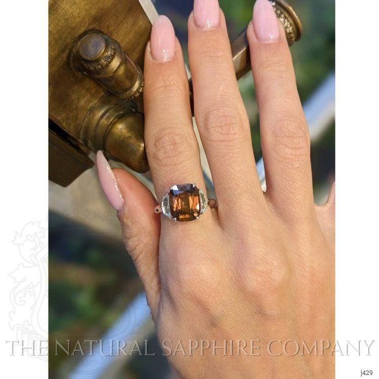 6.00 Ct. Orangish Brown Sapphire and Natural Diamond Three Stone Ring, Platinum 950