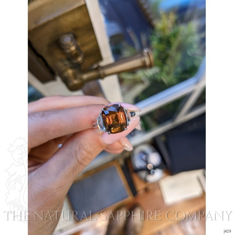 6.00 Ct. Orangish Brown Sapphire and Natural Diamond Three Stone Ring, Platinum 950