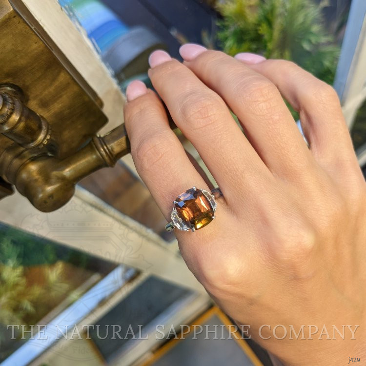 6.00 Ct. Orangish Brown Sapphire and Natural Diamond Three Stone Ring, Platinum 950