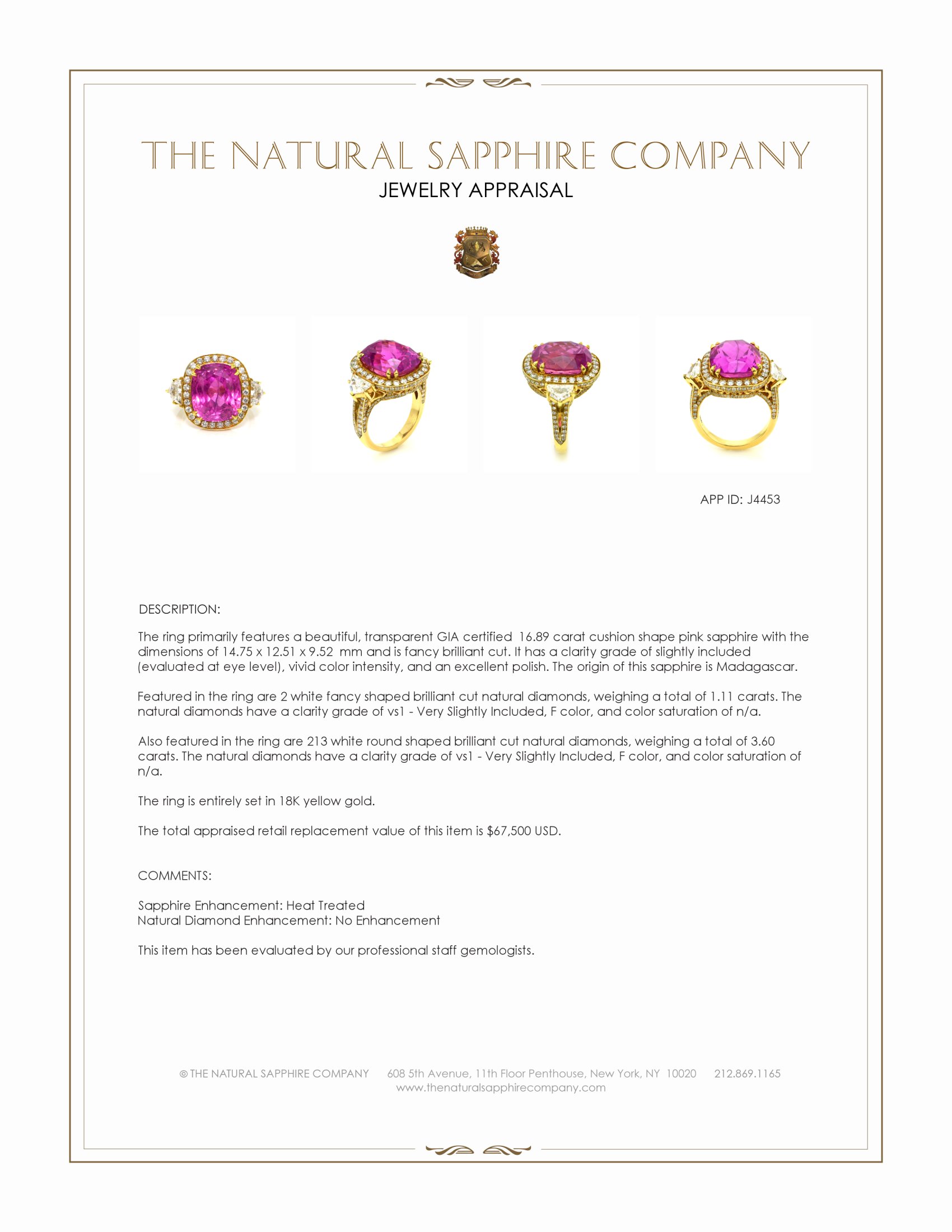 16.89 Ct. Pink Sapphire and Natural Diamond Antique Style Ring, 18K Yellow Gold