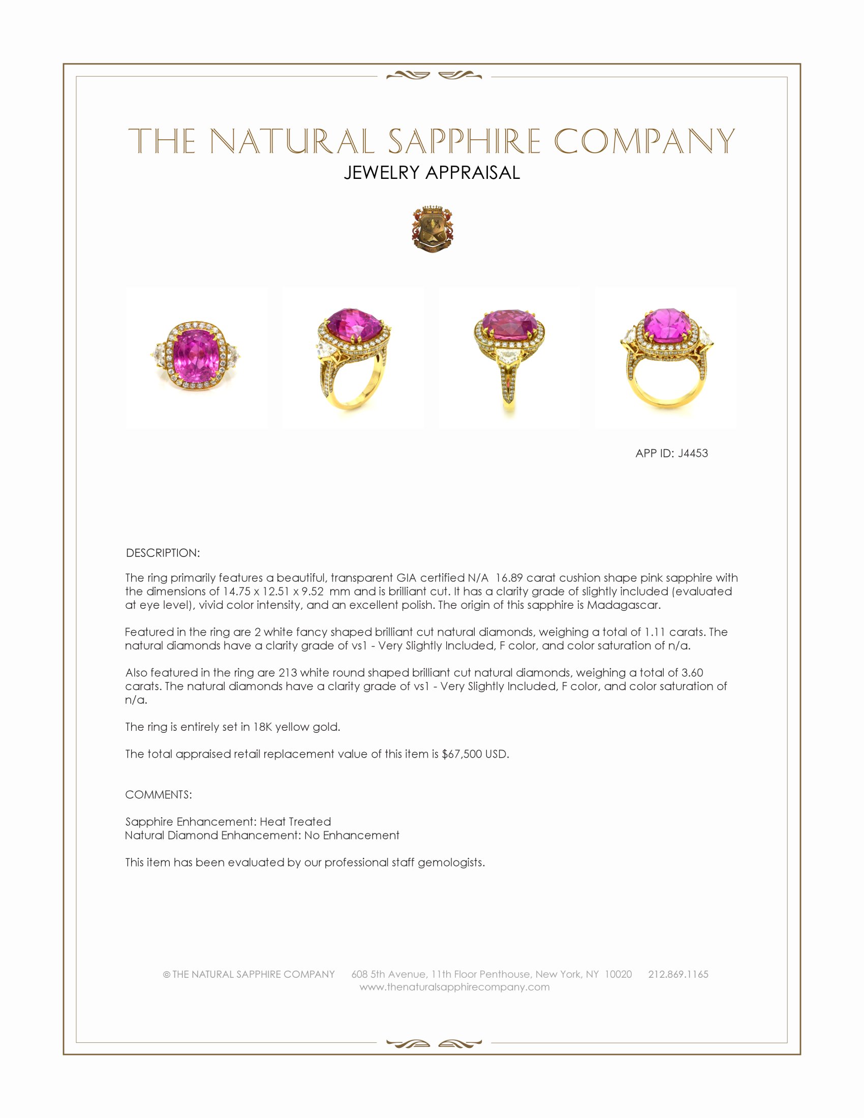 16.89 Ct. Pink Sapphire and Natural Diamond Antique Style Ring, 18K Yellow Gold