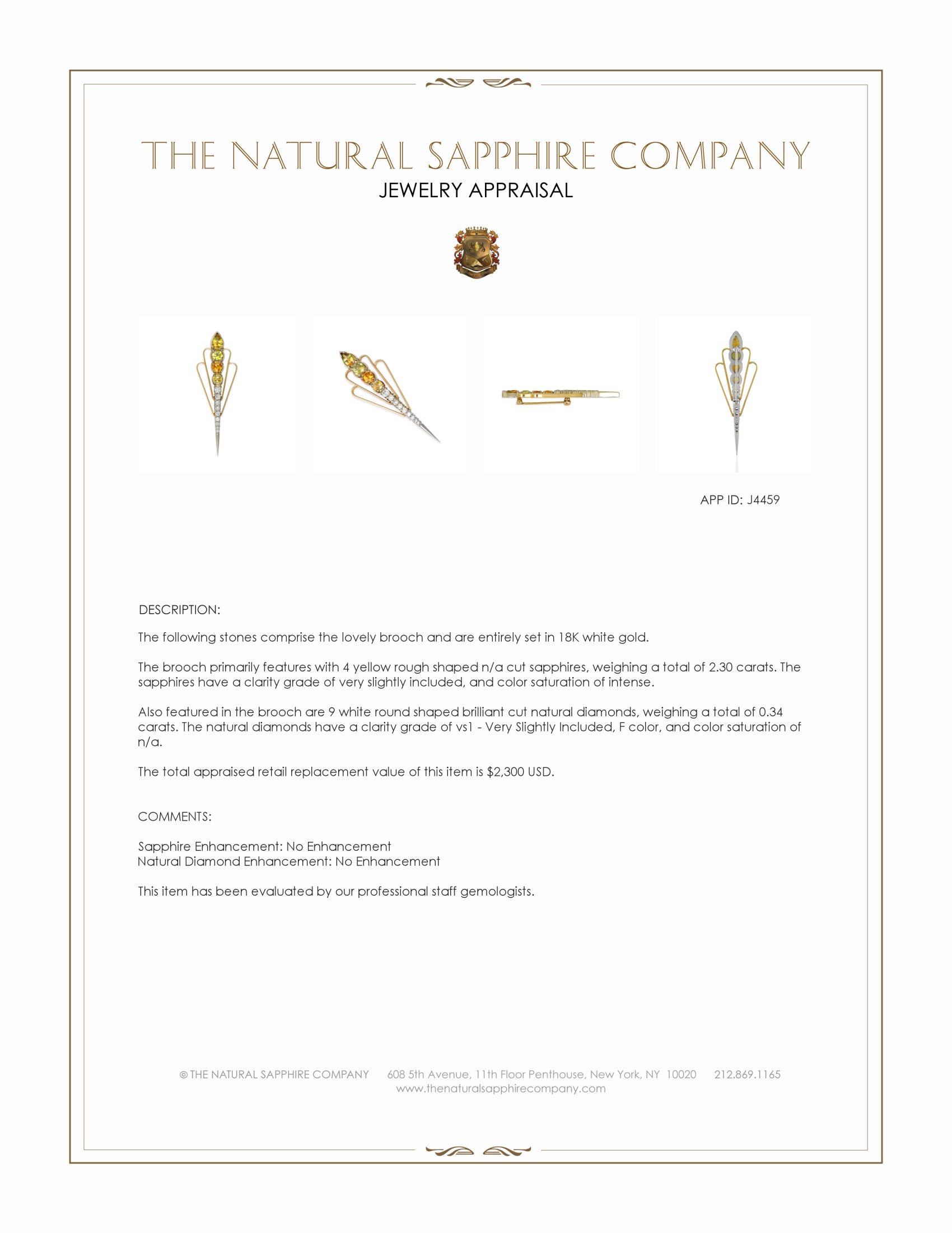 2.30 Ct. Yellow Sapphire and Natural Diamond Accent Stones Brooch, 18K White Gold