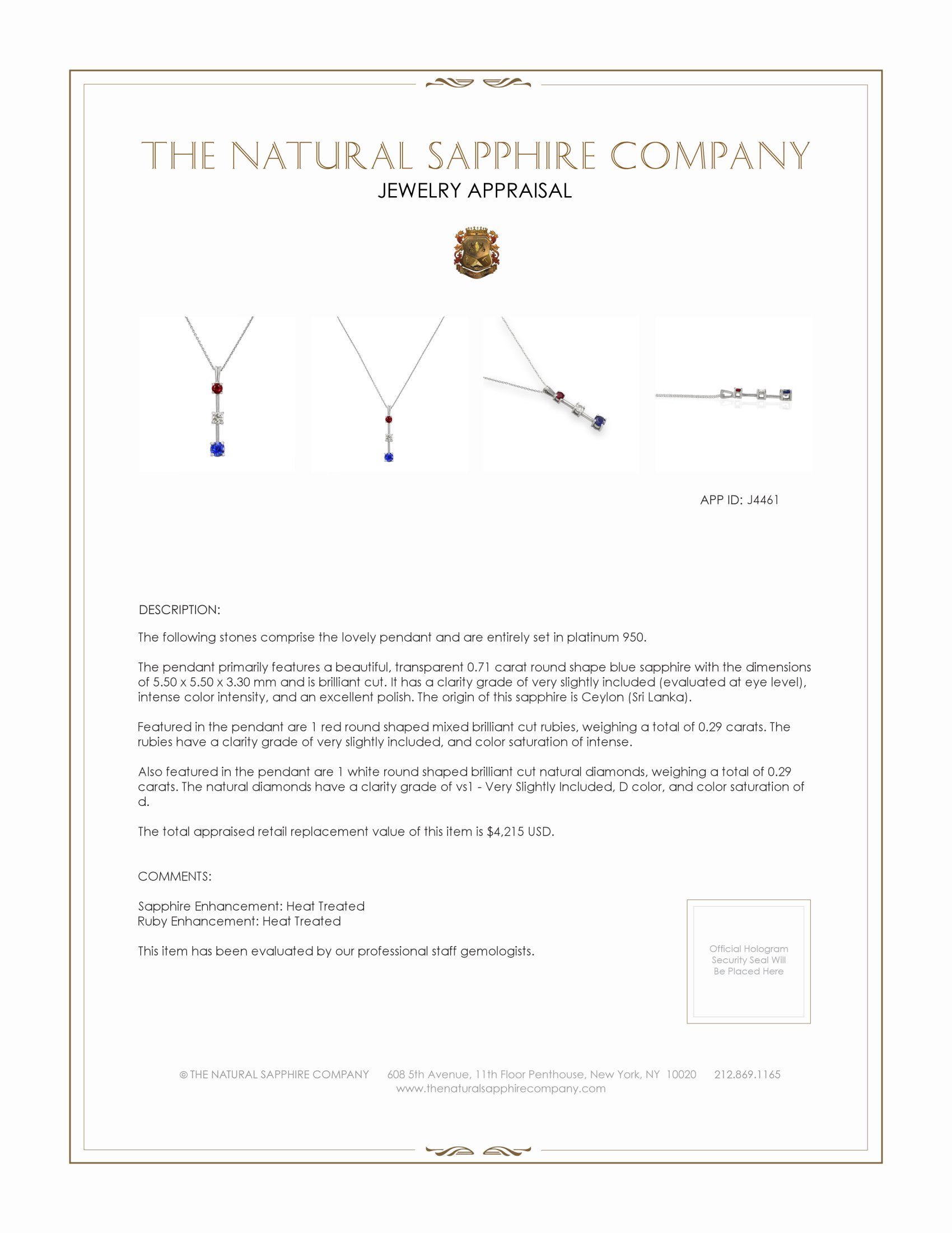 0.71 Ct. Blue Sapphire, Ruby and Natural Diamond Accent Stones Pendant, Platinum 950