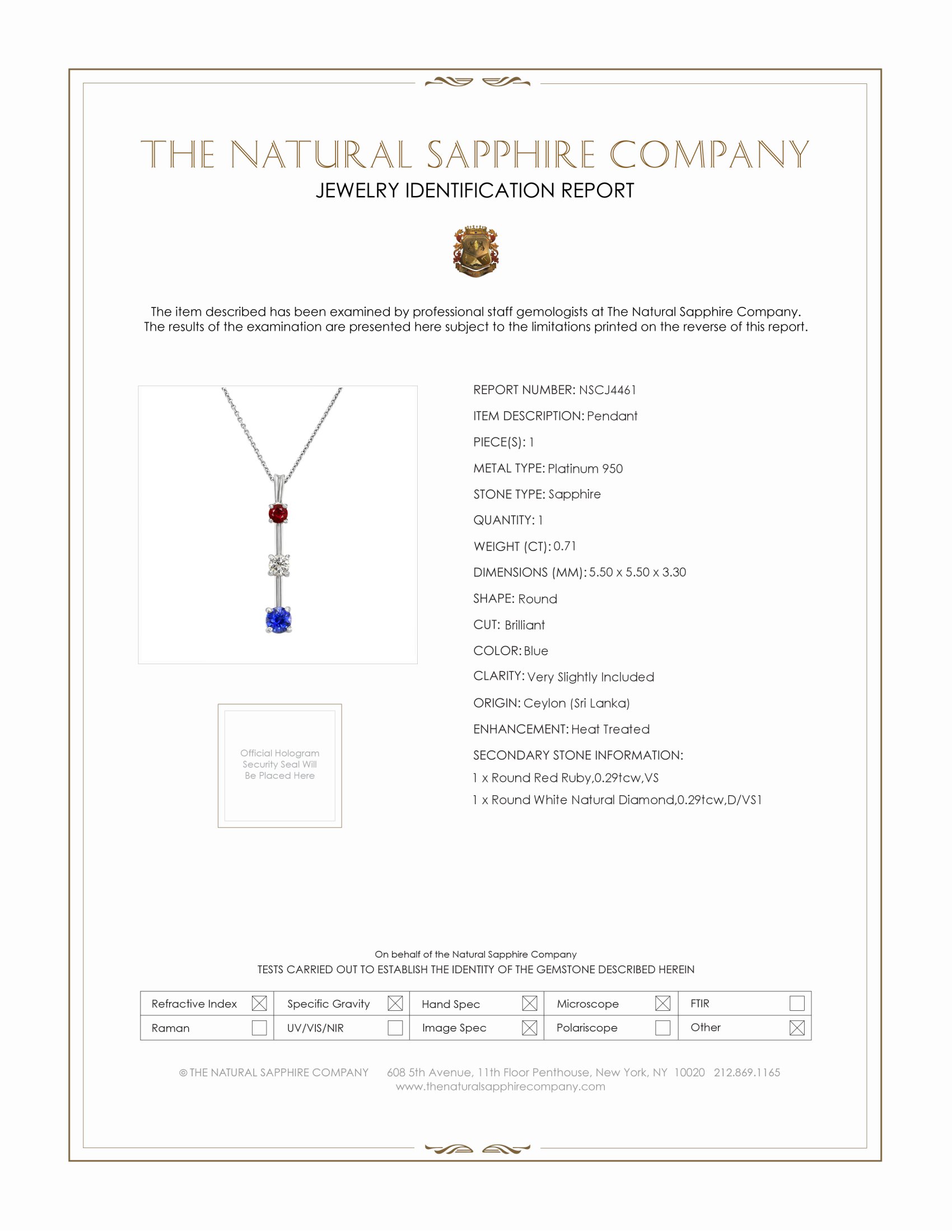 0.71 Ct. Blue Sapphire, Ruby and Natural Diamond Accent Stones Pendant, Platinum 950