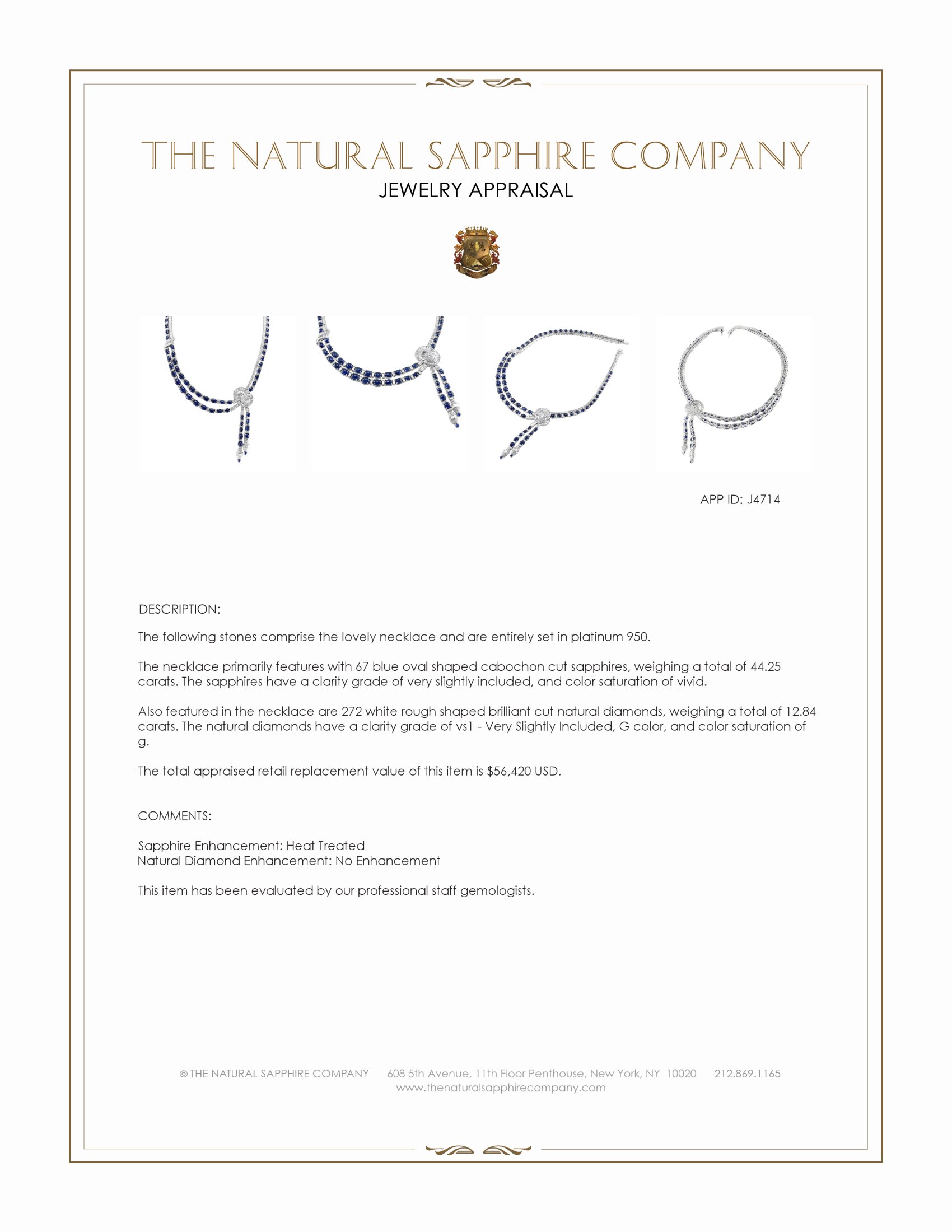 44.25 Ct. Blue Sapphire and Natural Diamond Antique Style Necklace, Platinum 950