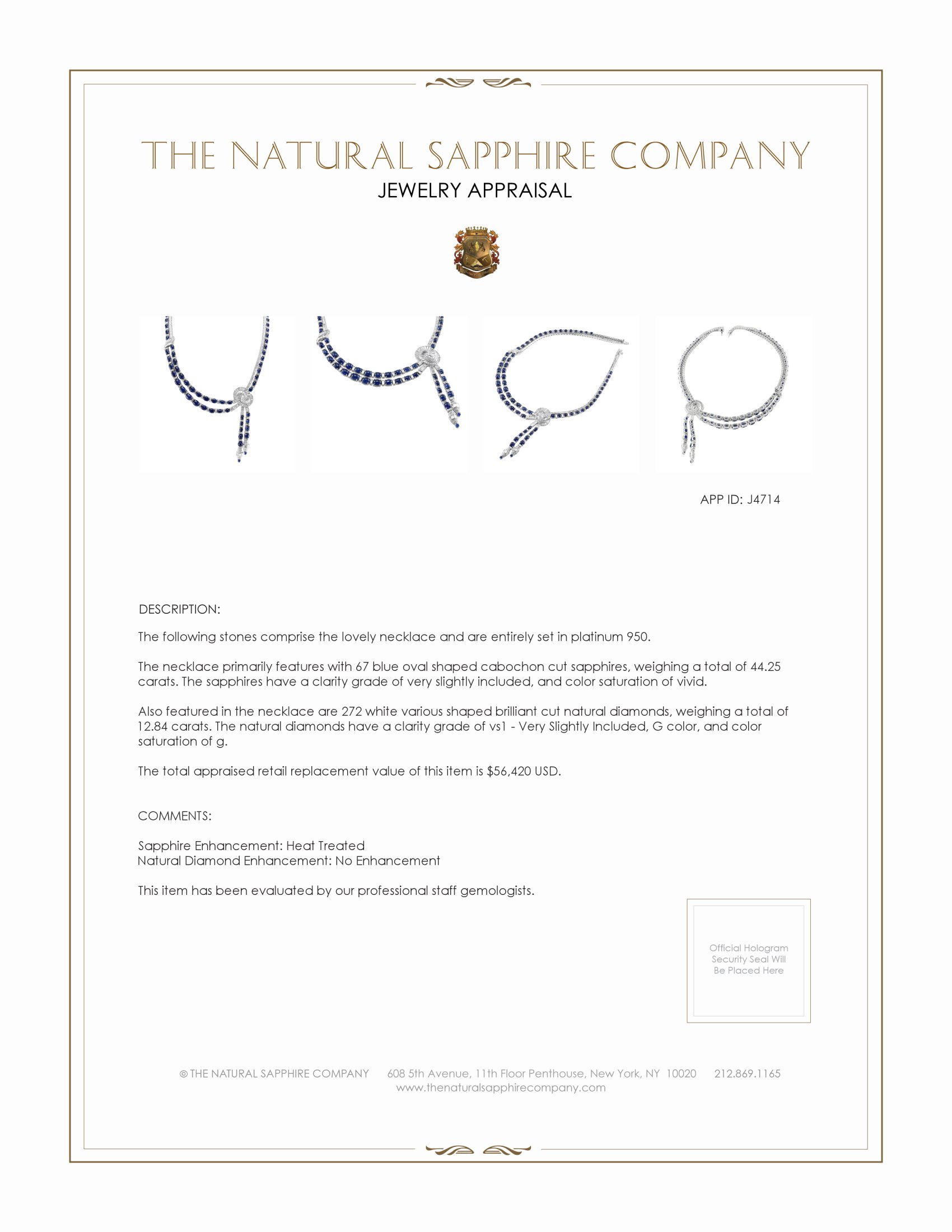 44.25 Ct. Blue Sapphire and Natural Diamond Antique Style Necklace, Platinum 950