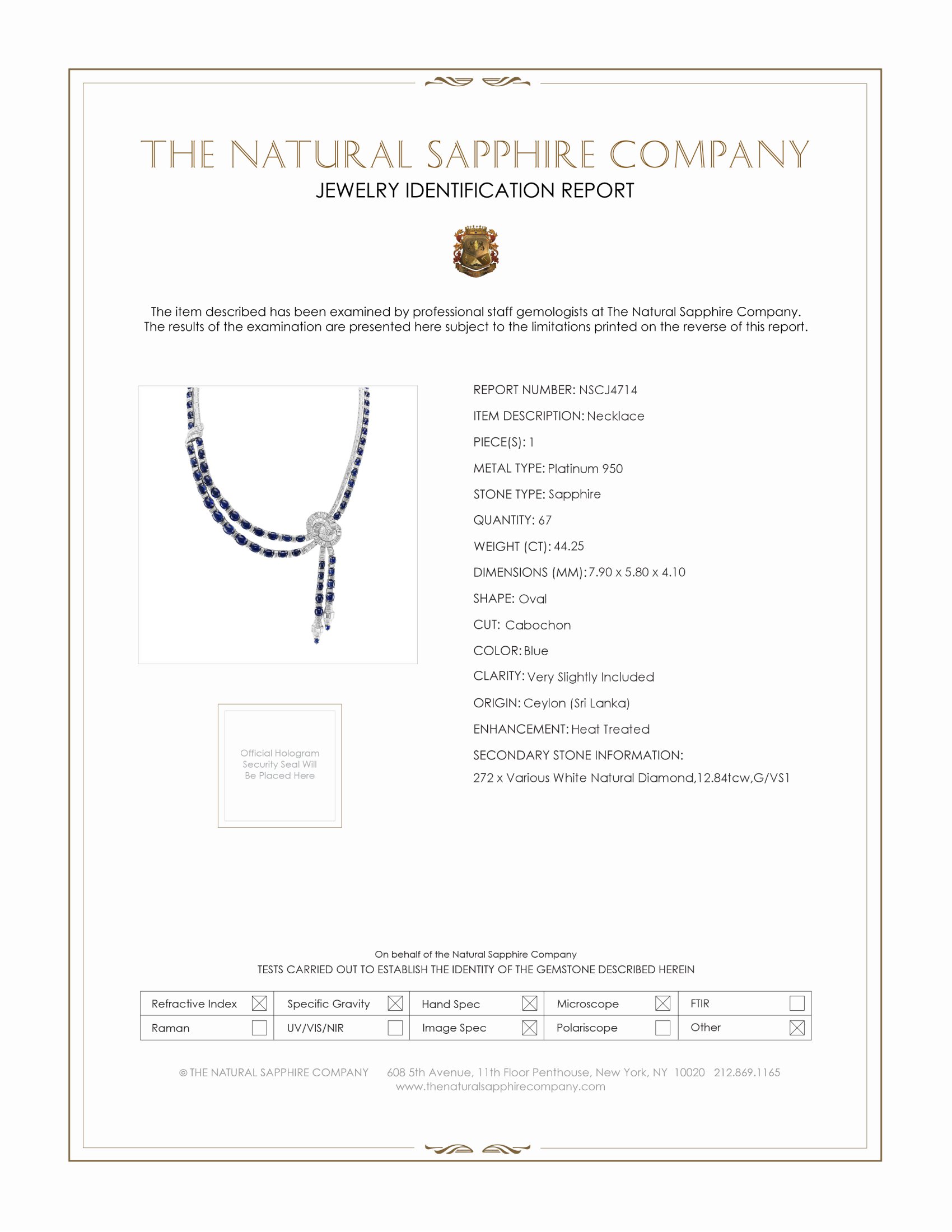 44.25 Ct. Blue Sapphire and Natural Diamond Antique Style Necklace, Platinum 950