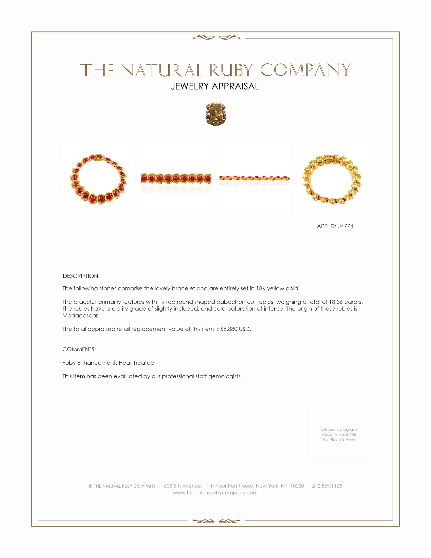 18.36 Ct.Tw. Ruby Antique Style Bracelet, 18K Yellow Gold