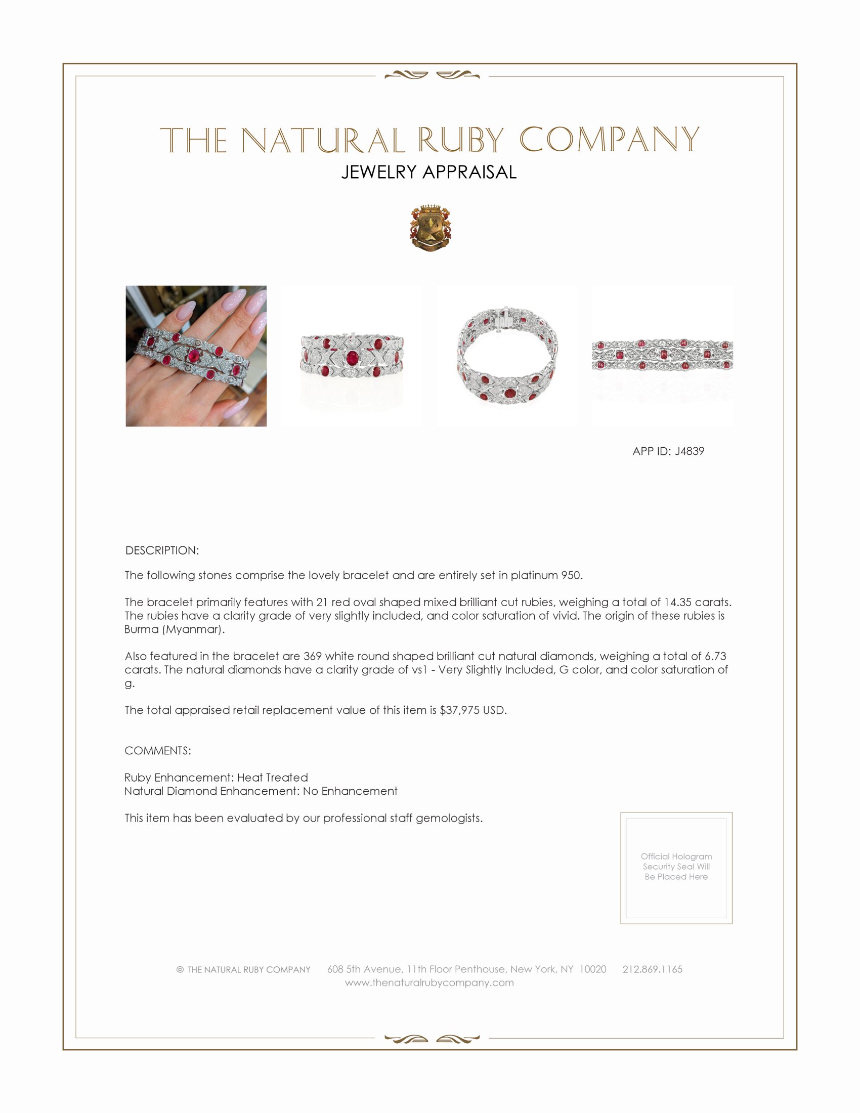 14.35 Ct.Tw. Ruby Natural Diamond Antique Style Bracelet, Platinum 950