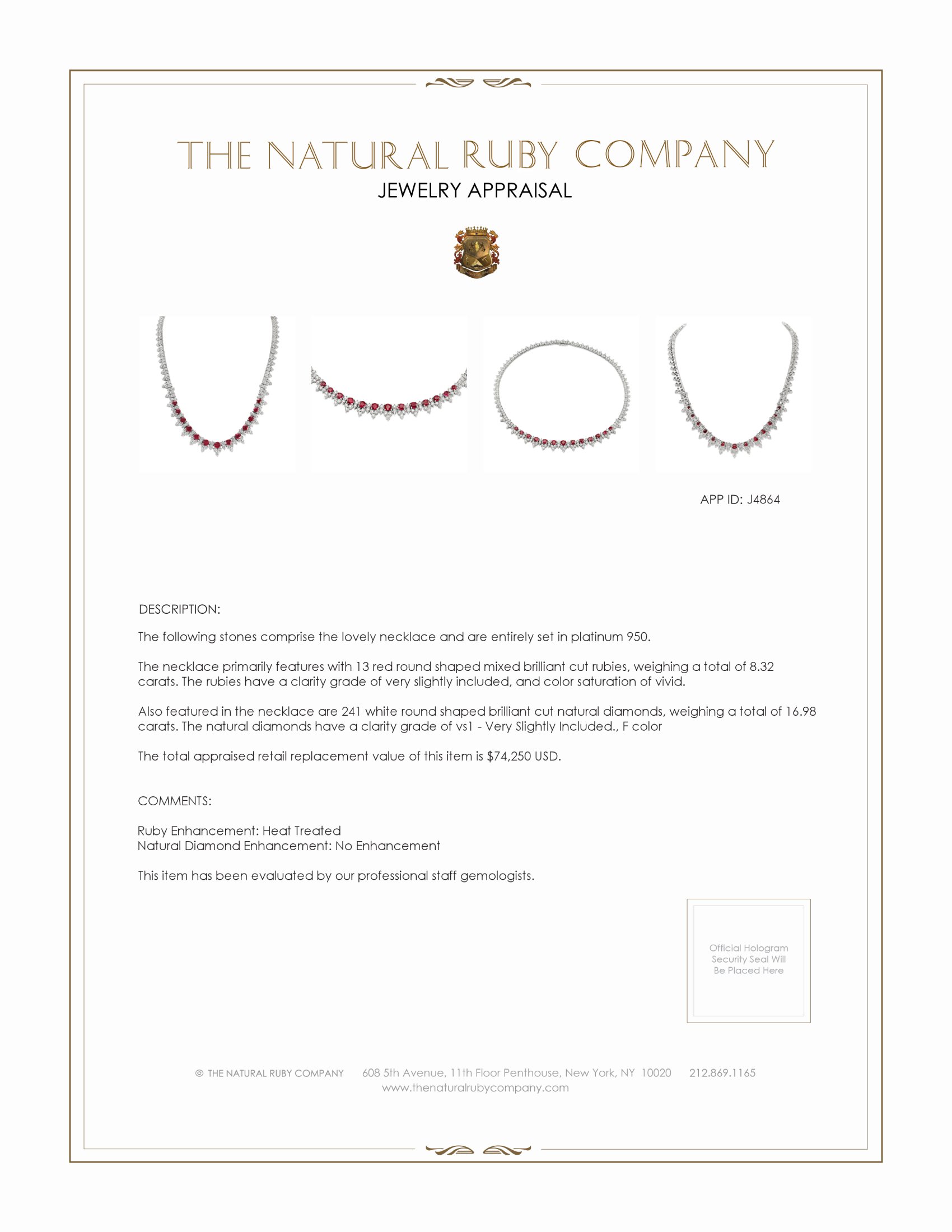 8.32 Ct. Ruby and Natural Diamond Antique Style Necklace, Platinum 950