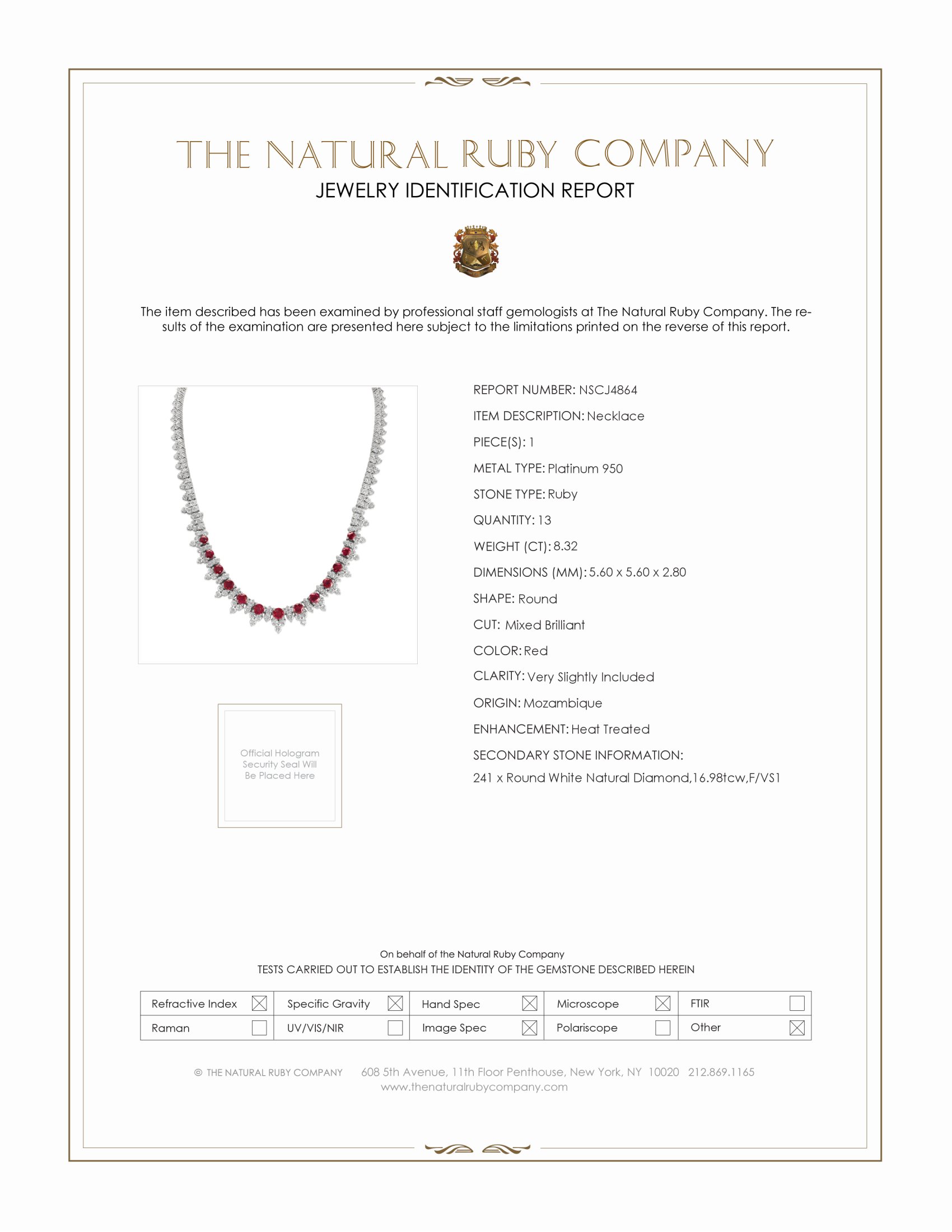 8.32 Ct. Ruby and Natural Diamond Antique Style Necklace, Platinum 950