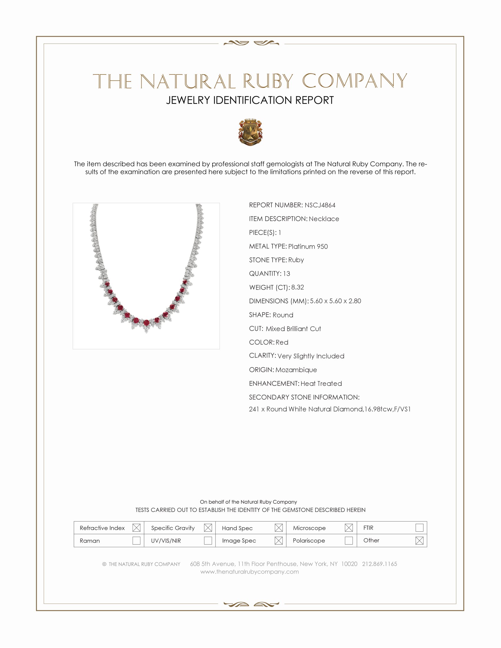 8.32 Ct. Ruby and Natural Diamond Antique Style Necklace, Platinum 950