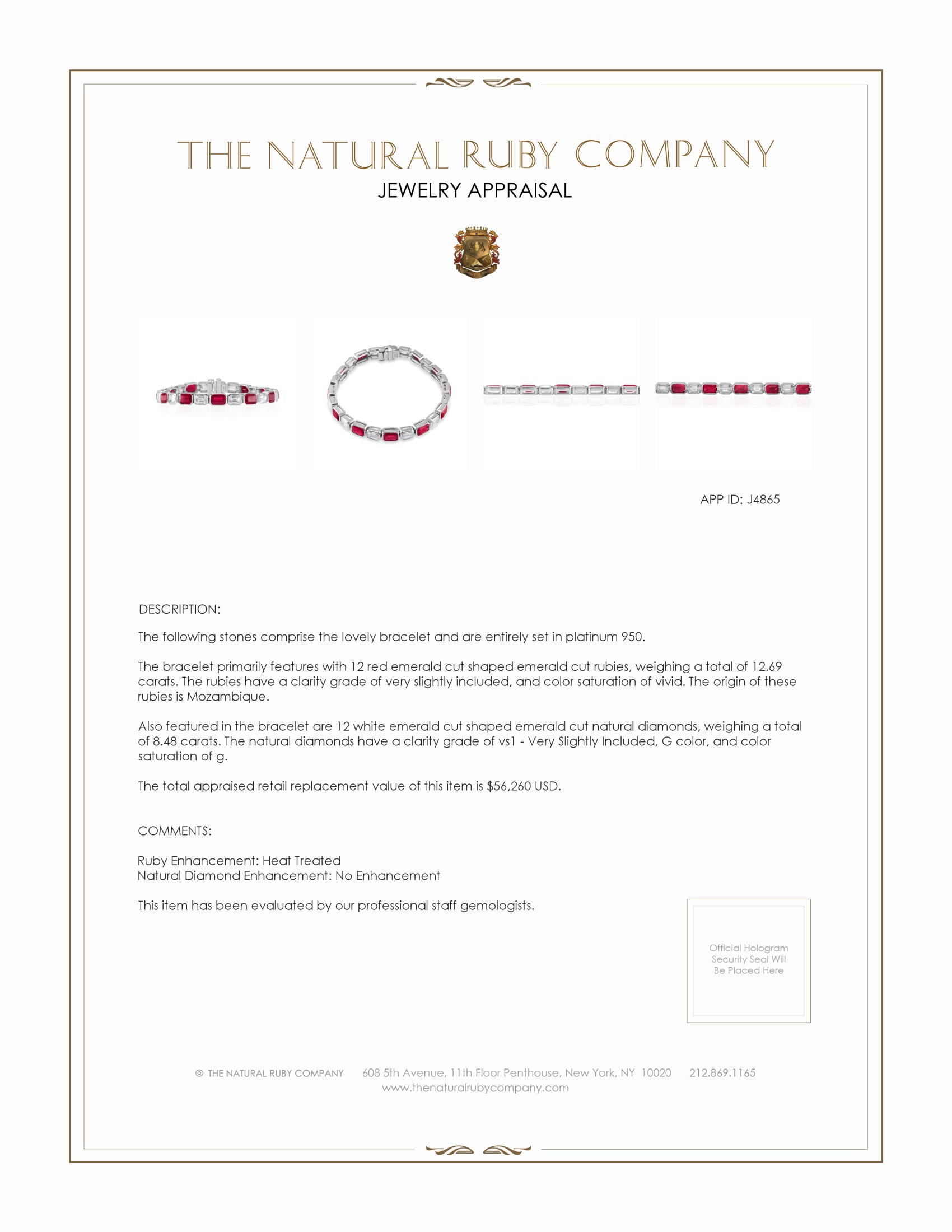 12.69 Ct.Tw. Ruby Natural Diamond Tennis/Line Bracelet, Platinum 950