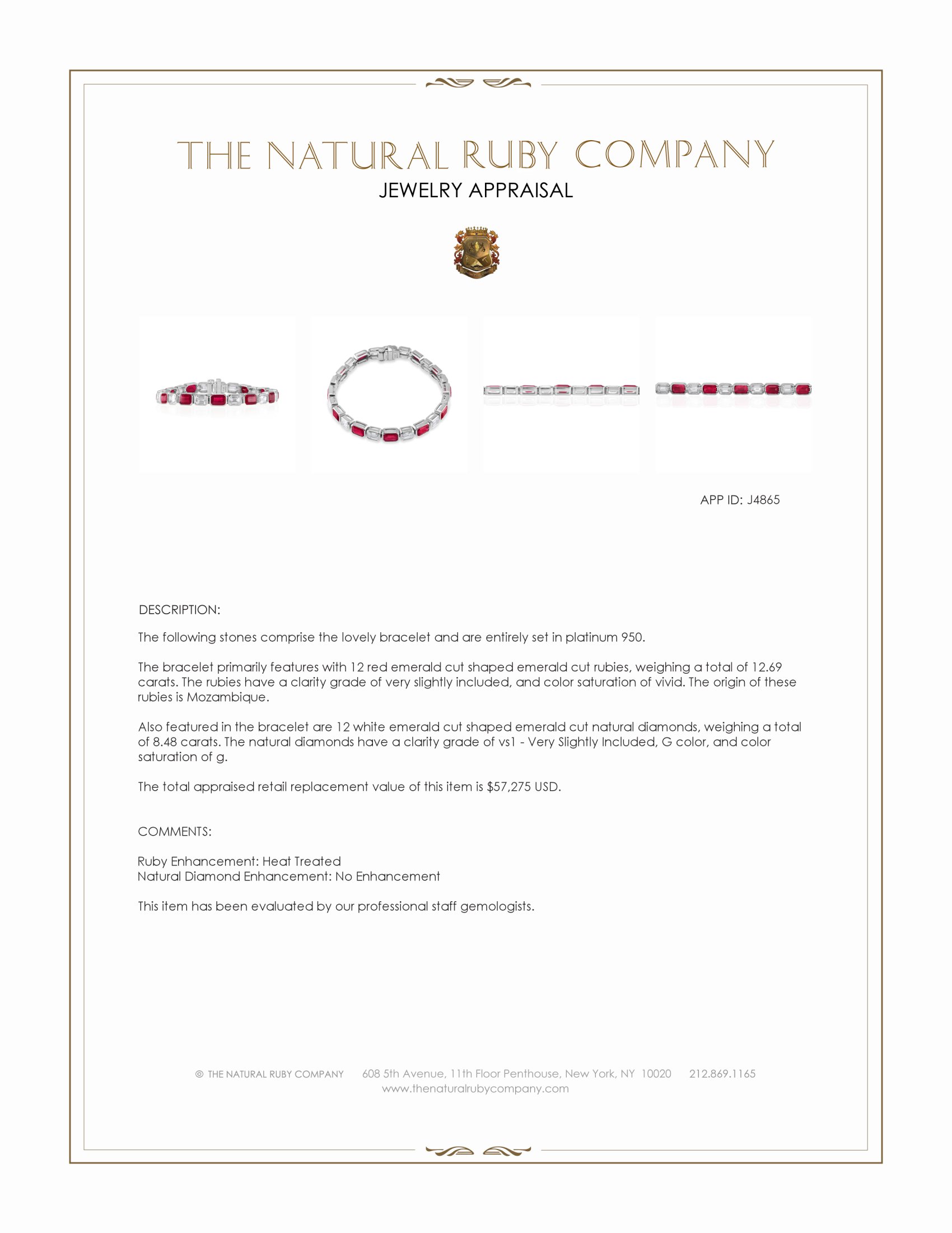 12.69 Ct.Tw. Ruby and Natural Diamond Tennis/Line Bracelet, Platinum 950
