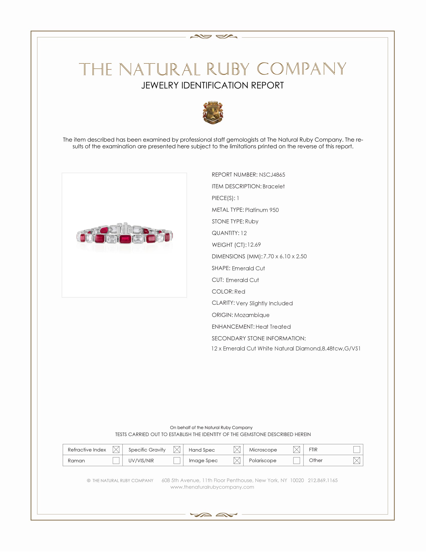 12.69 Ct.Tw. Ruby and Natural Diamond Tennis/Line Bracelet, Platinum 950