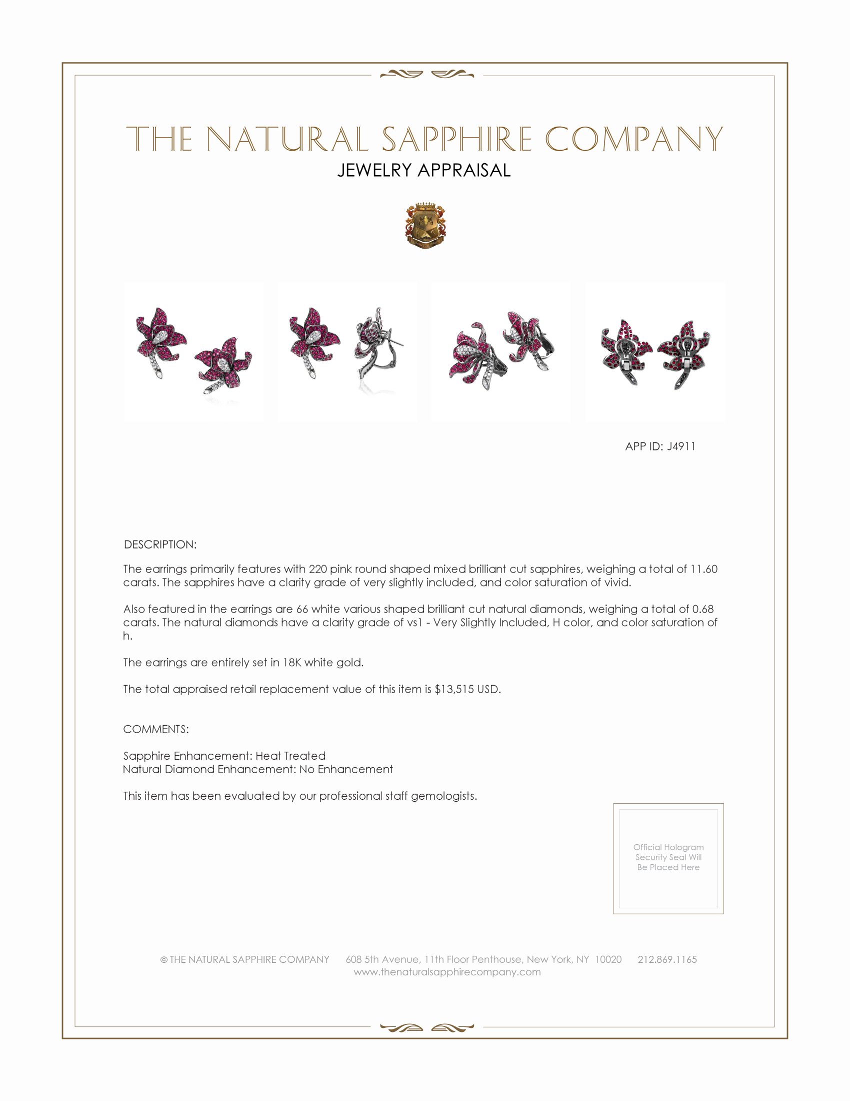 11.60 Ct.Tw. Pink Sapphire and Natural Diamond Antique Style Earrings, 18K White Gold