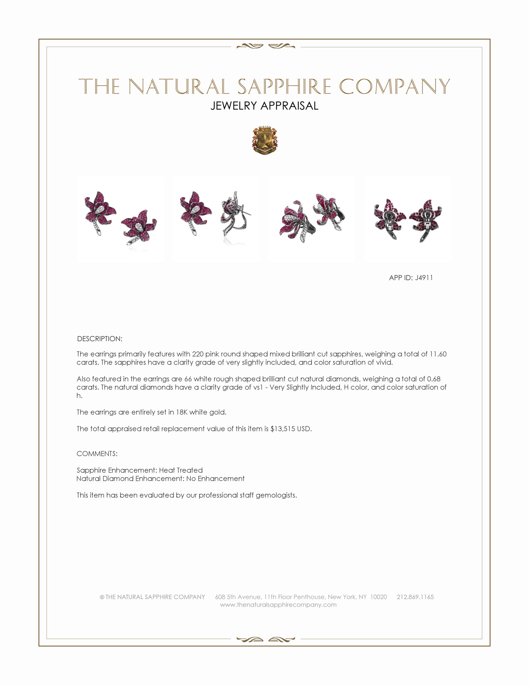 11.60 Ct.Tw. Pink Sapphire and Natural Diamond Antique Style Earrings, 18K White Gold