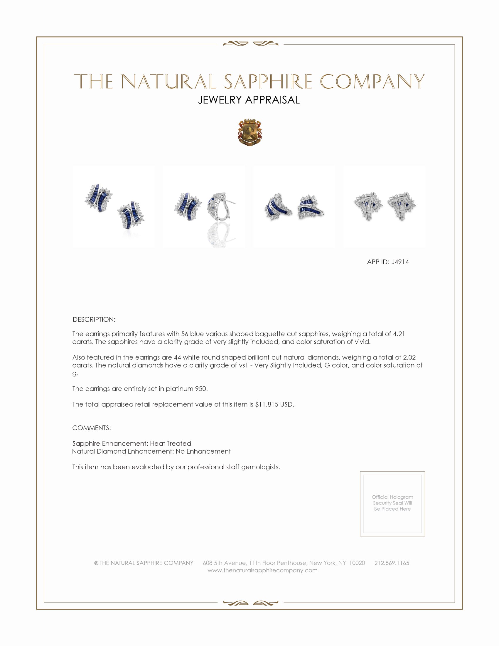 4.21 Ct.Tw. Blue Sapphire and Natural Diamond Antique Style Earrings, Platinum 950
