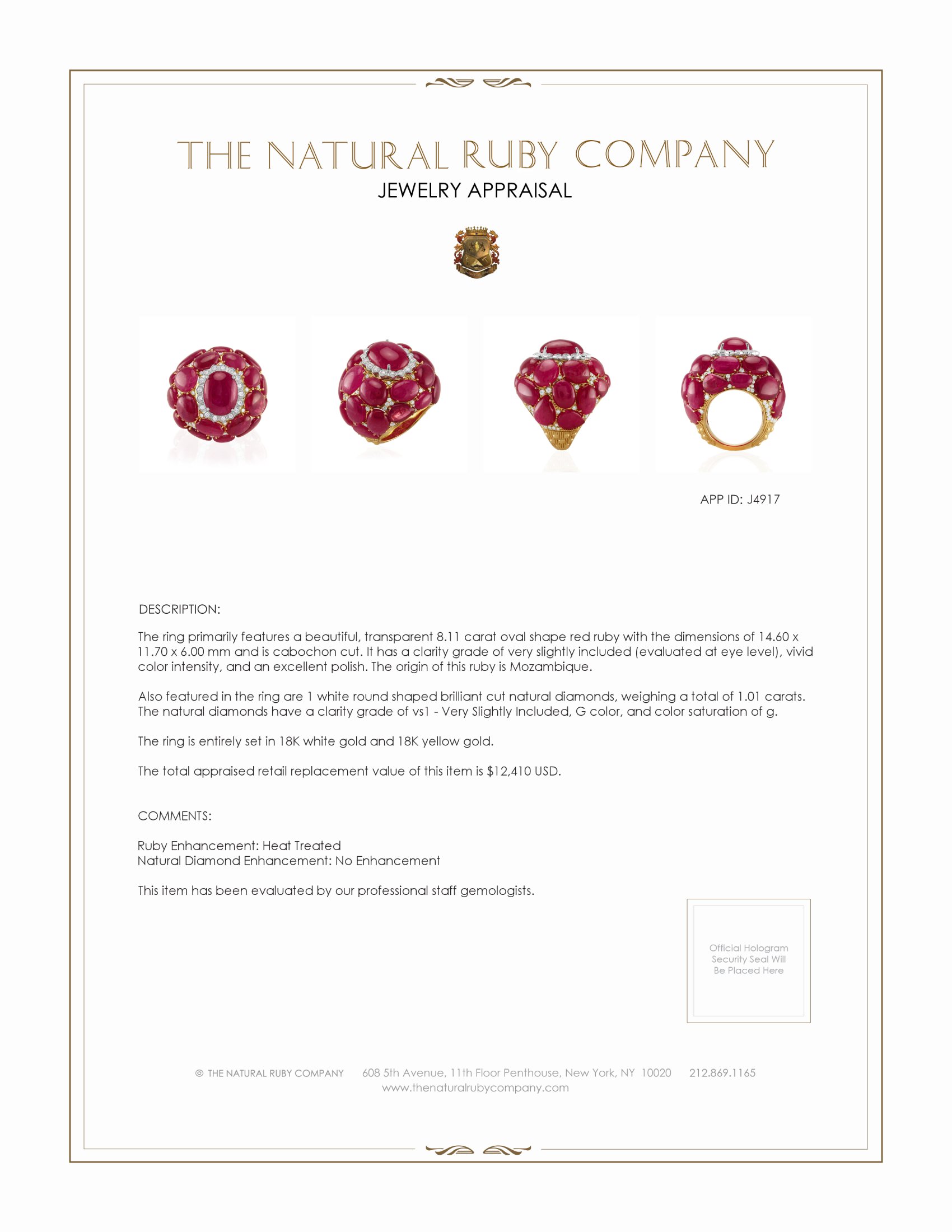 53.73 Ct. Ruby Natural Diamond Antique Style Ring, 18K White & Yellow