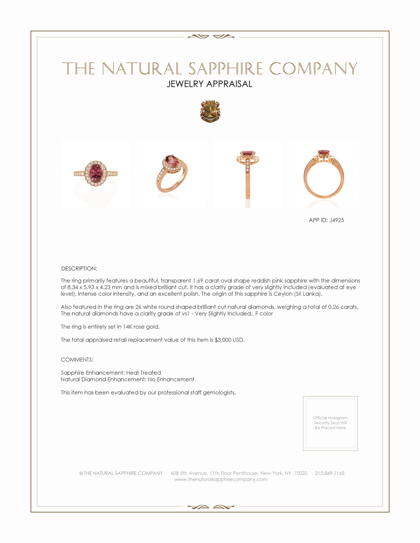 1.69 Ct. Reddish Pink Sapphire and Natural Diamond Pave Ring, 14K Rose Gold