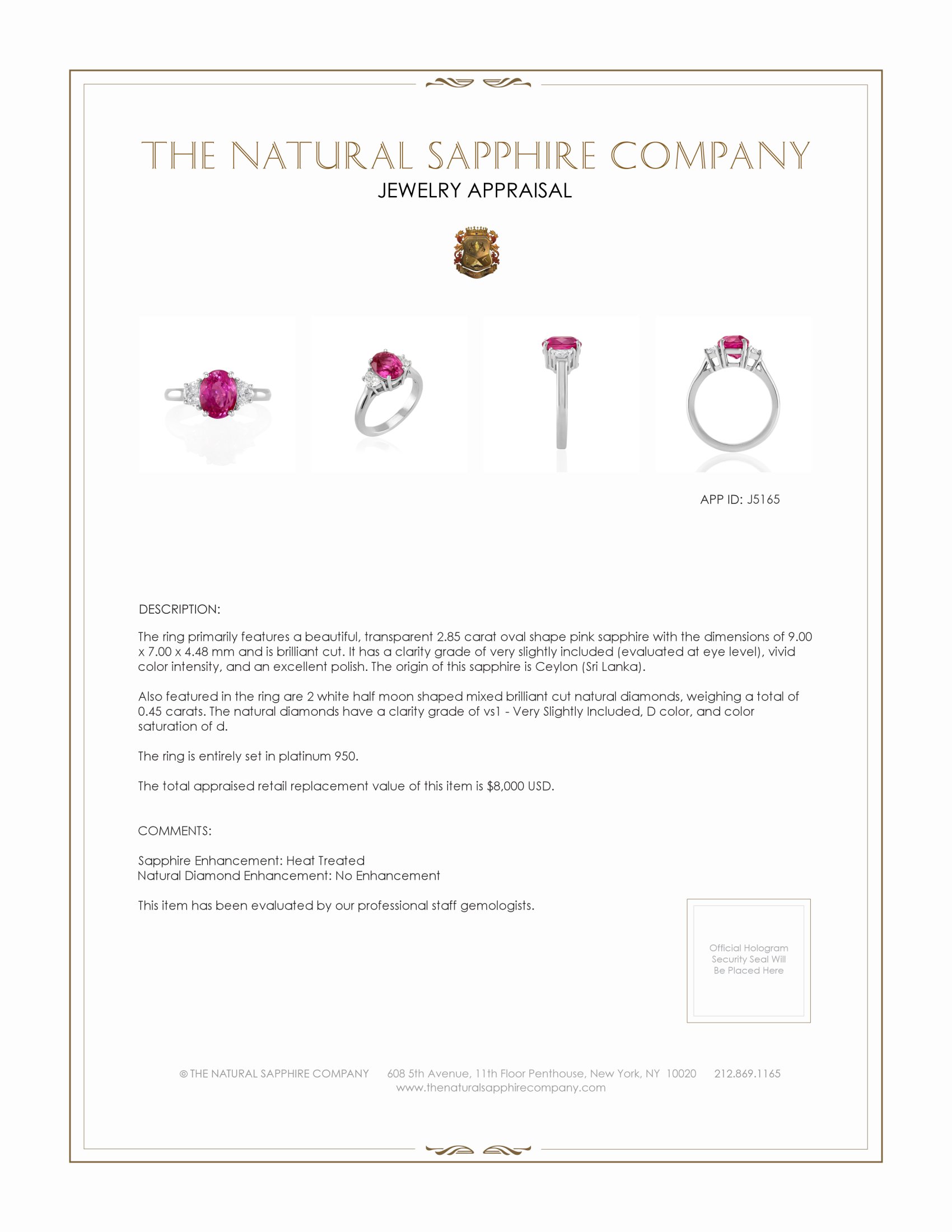 2.85 Ct. Pink Sapphire and Natural Diamond Three Stone Ring, Platinum 950